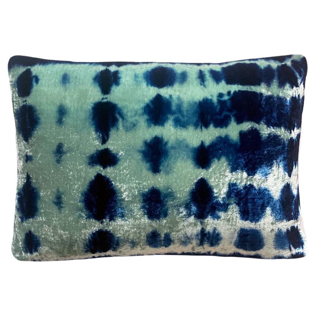 Hand Dyed Silk Velvet Pillow, Jade Green & Indigo Blue Inkblot Abstract Pattern