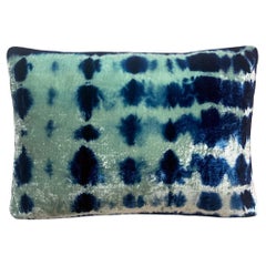 Hand Dyed Silk Velvet Pillow, Jade Green & Indigo Blue Inkblot Abstract Pattern