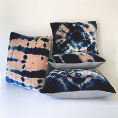 Hand Dyed Silk Velvet Pillow, Rose Pink & Indigo Blue Halo Abstract Pattern