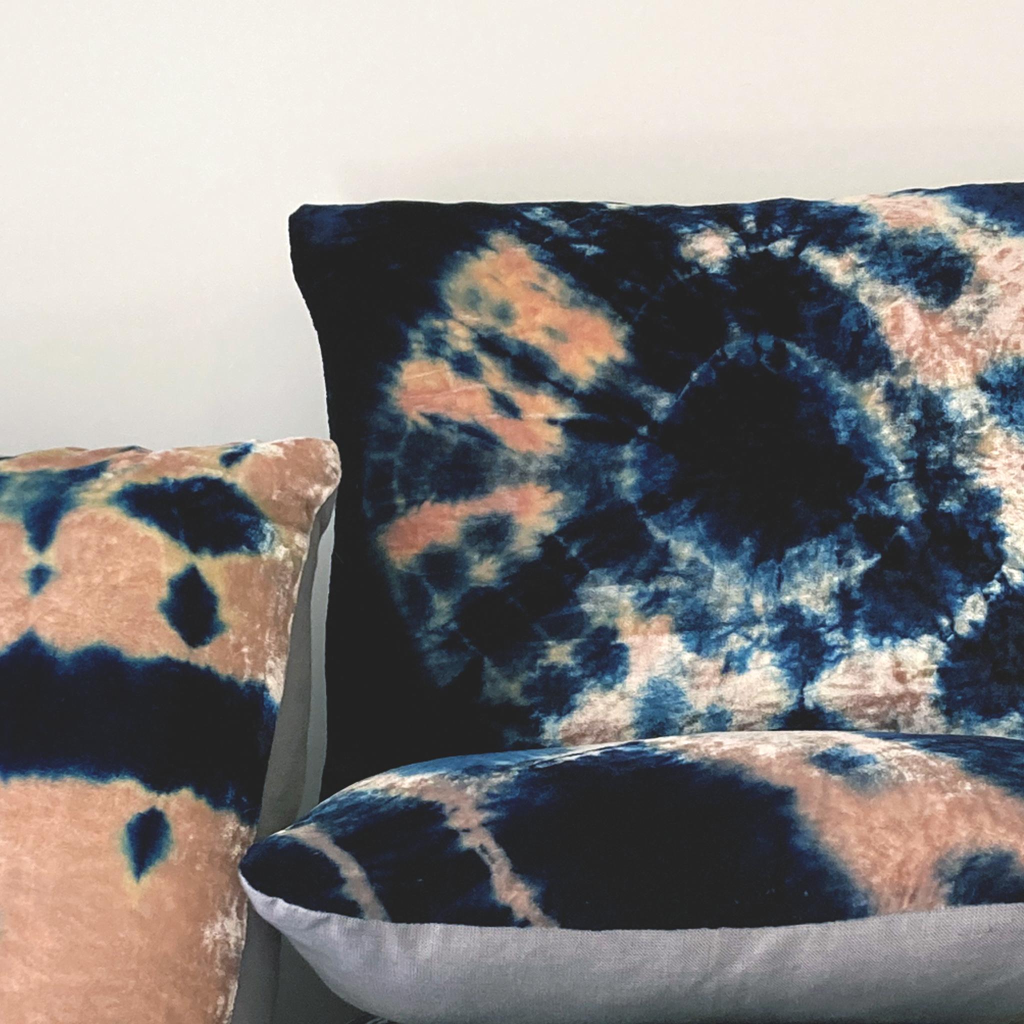 Hand Dyed Silk Velvet Pillow, Rose Pink & Indigo Blue Halo In New Condition For Sale In New York, NY