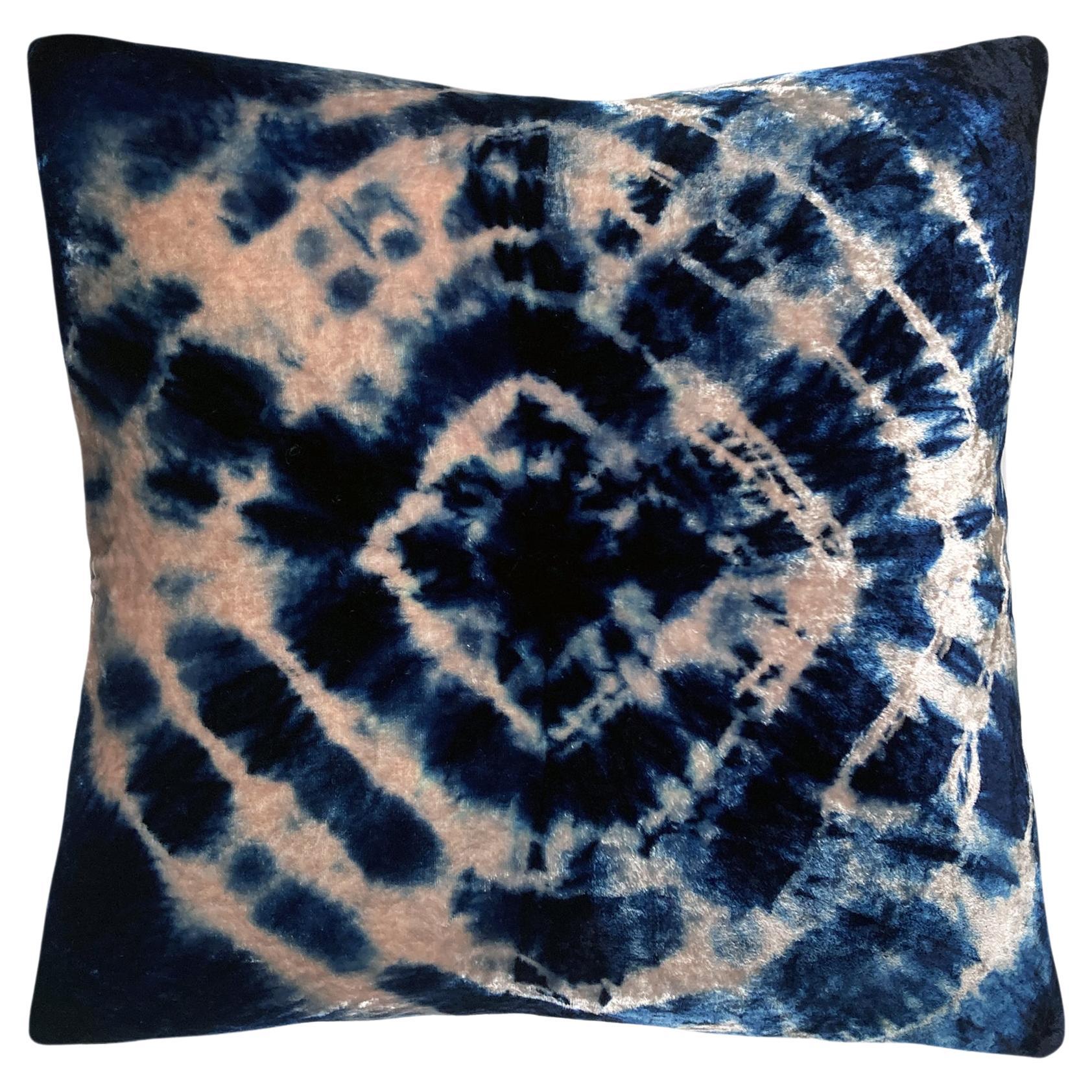 Hand Dyed Silk Velvet Pillow, Rose Pink & Indigo Blue Halo Abstract Pattern