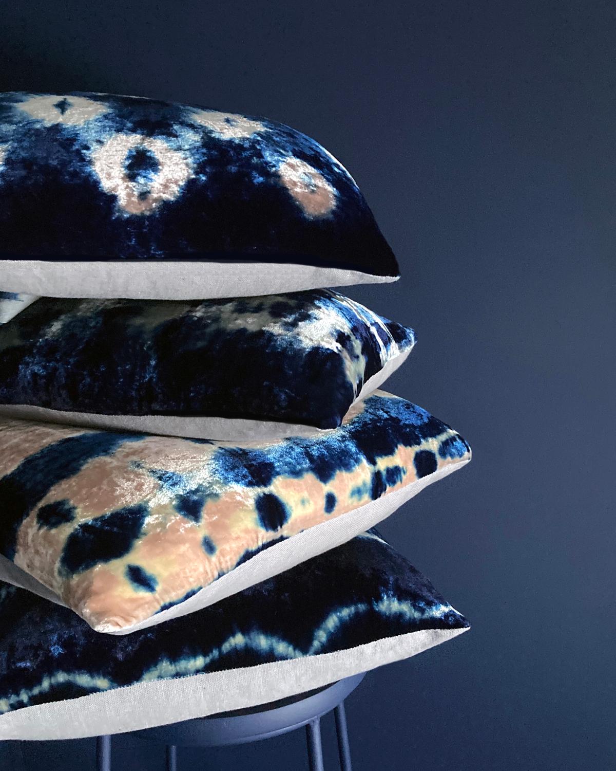 Rose velvet pillow dyed with indigo in Ikat pattern with gray linen backing. Sustainably hand-dyed and sewn in New York City, down pillow insert made locally in NYC. Pillow measures 12 x 16 inches. Each velvet pillow is hand made and one of a