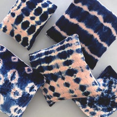 Hand Dyed Silk Velvet Pillow, Rose Pink & Indigo Blue Ikat Abstract Pattern