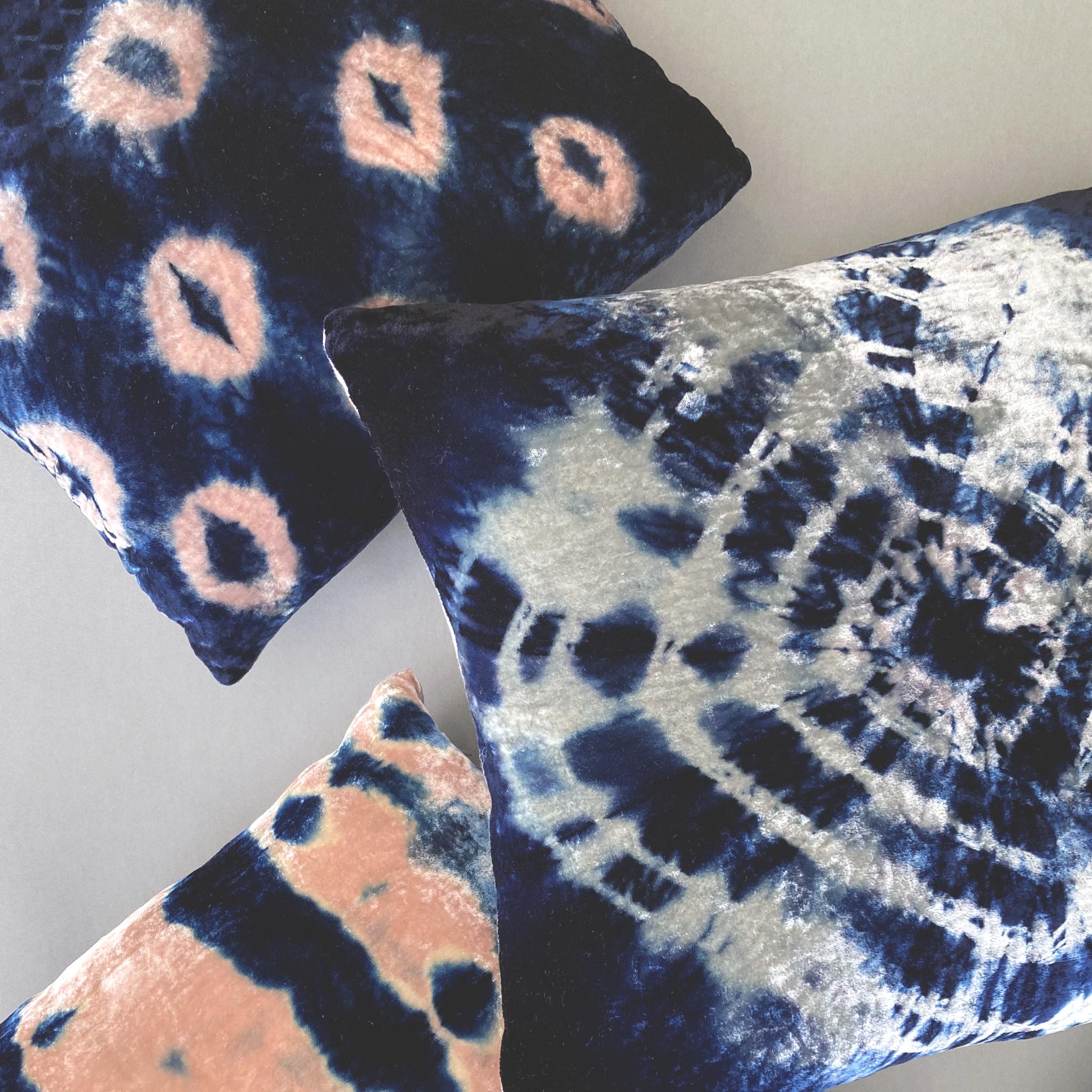 Modern Hand Dyed Silk Velvet Pillow, Rose Pink & Indigo Blue Ikat For Sale