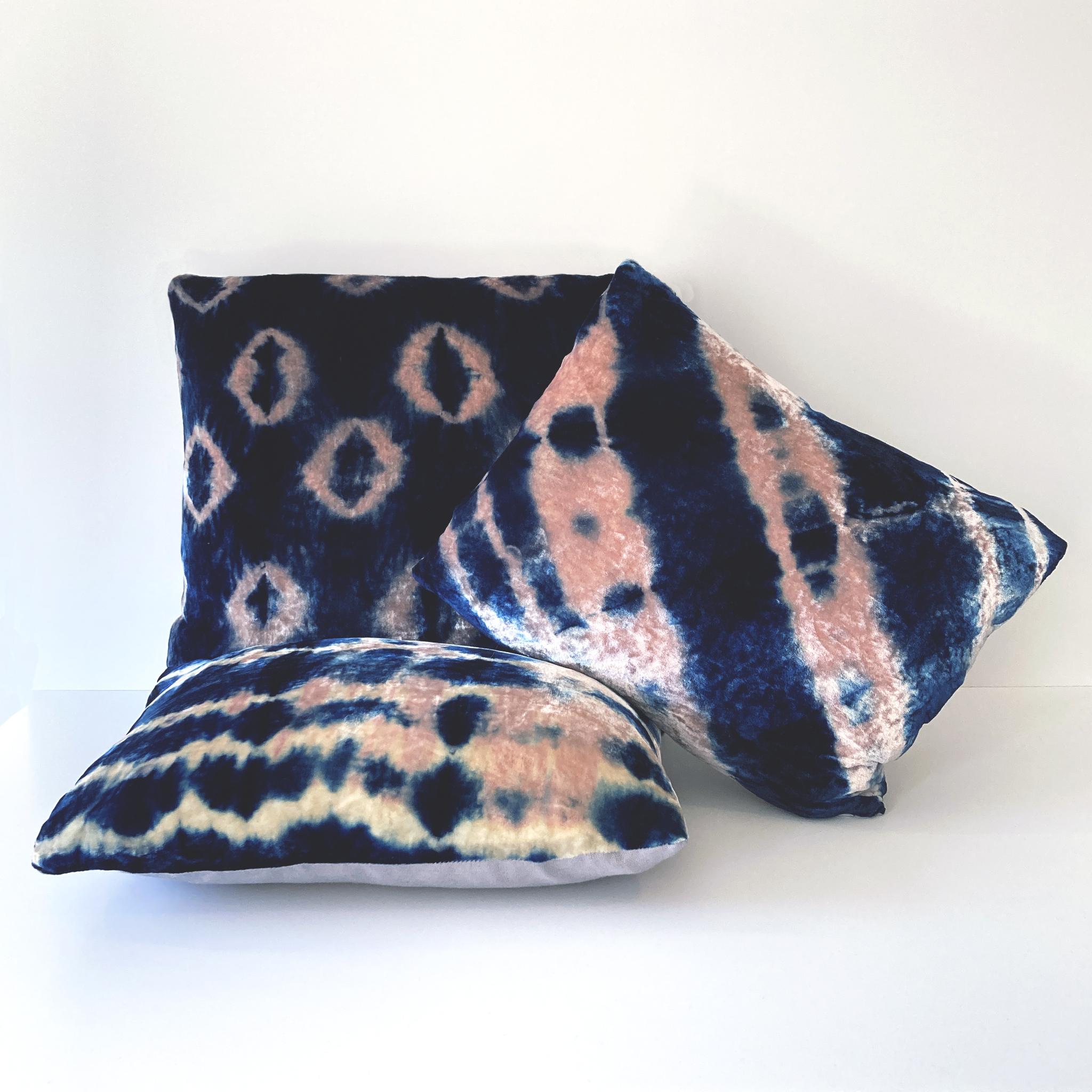 Modern Hand Dyed Silk Velvet Pillow, Rose Pink & Indigo Blue Ikat For Sale