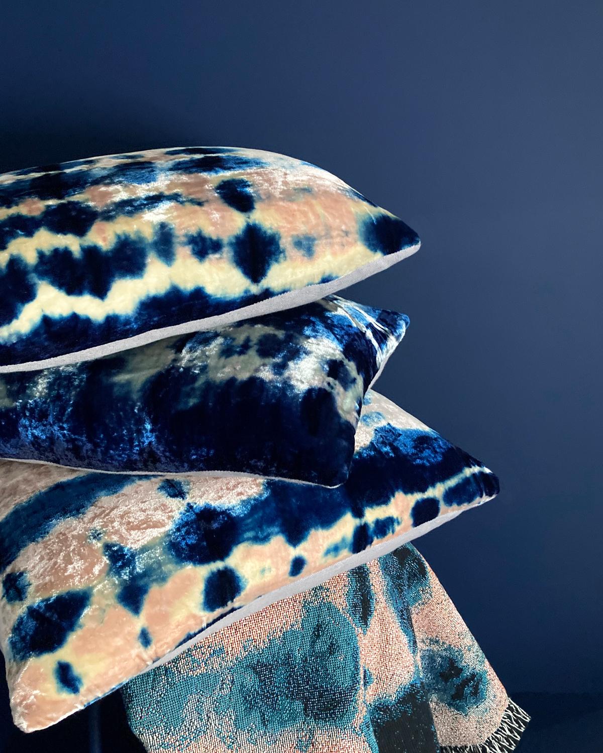 Rose velvet pillow dyed with indigo in Inkblot pattern with gray linen backing. Sustainably hand-dyed and sewn in New York City, down pillow insert made locally in NYC. Pillow measures 12 x 16 inches. Each velvet pillow is hand made and one of a