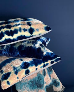 Hand Dyed Silk Velvet Pillow, Rose Pink & Indigo Blue Inkblot Abstract Pattern