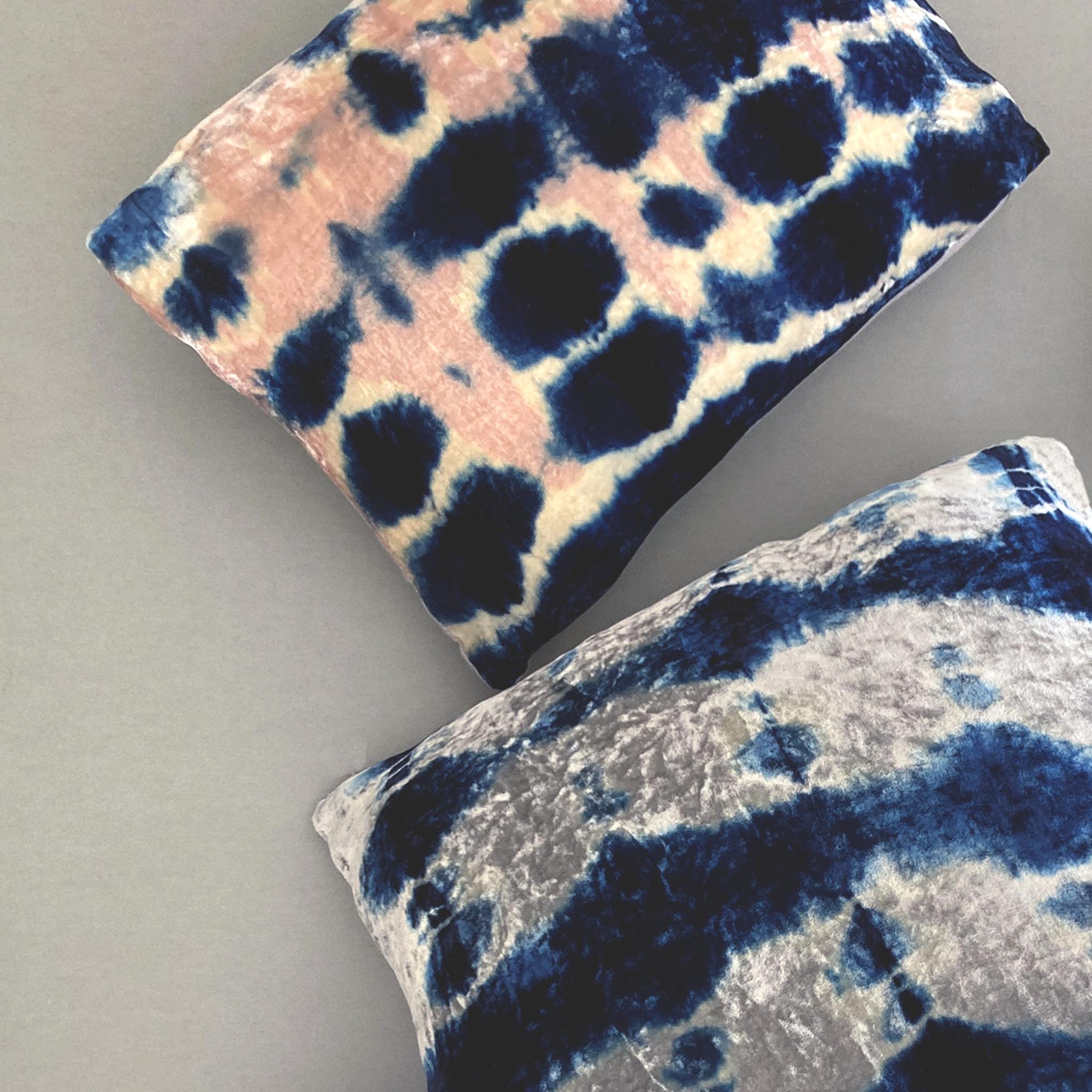 Modern Hand Dyed Silk Velvet Pillow, Rose Pink & Indigo Blue Inkblot For Sale