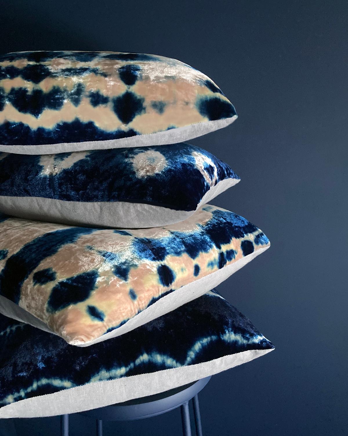 American Hand Dyed Silk Velvet Pillow, Rose Pink & Indigo Blue Inkblot Abstract Pattern For Sale