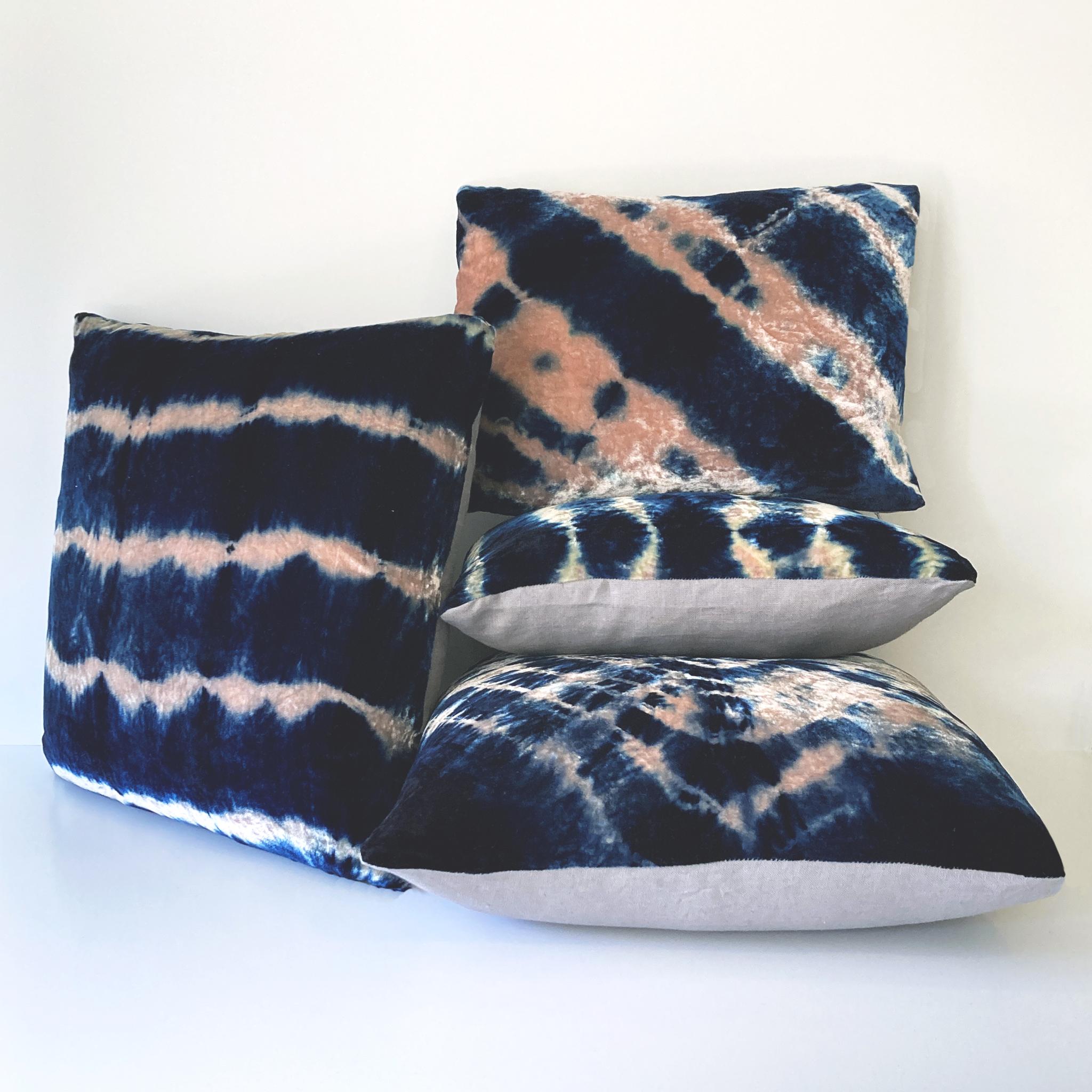 Modern Hand Dyed Silk Velvet Pillow, Rose Pink & Indigo Blue Oblique Pattern For Sale
