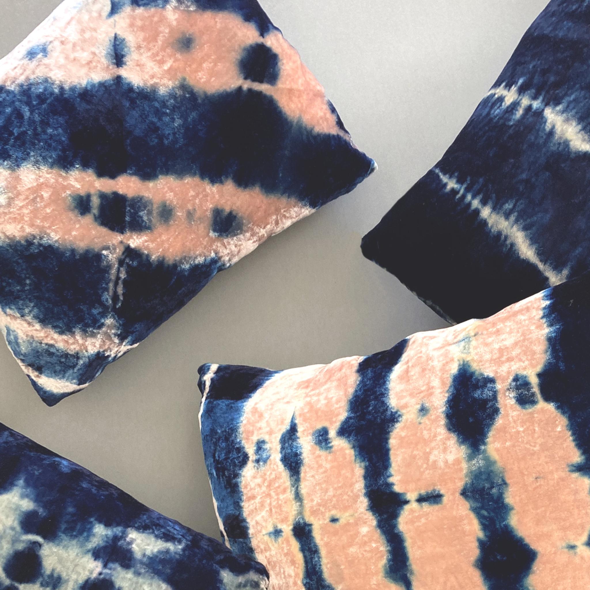 American Hand Dyed Silk Velvet Pillow, Rose Pink & Indigo Blue Oblique Pattern For Sale