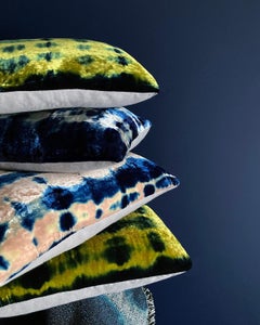 Hand Dyed Silk Velvet Pillow, Rose Pink & Indigo Blue Ombre Abstract Pattern
