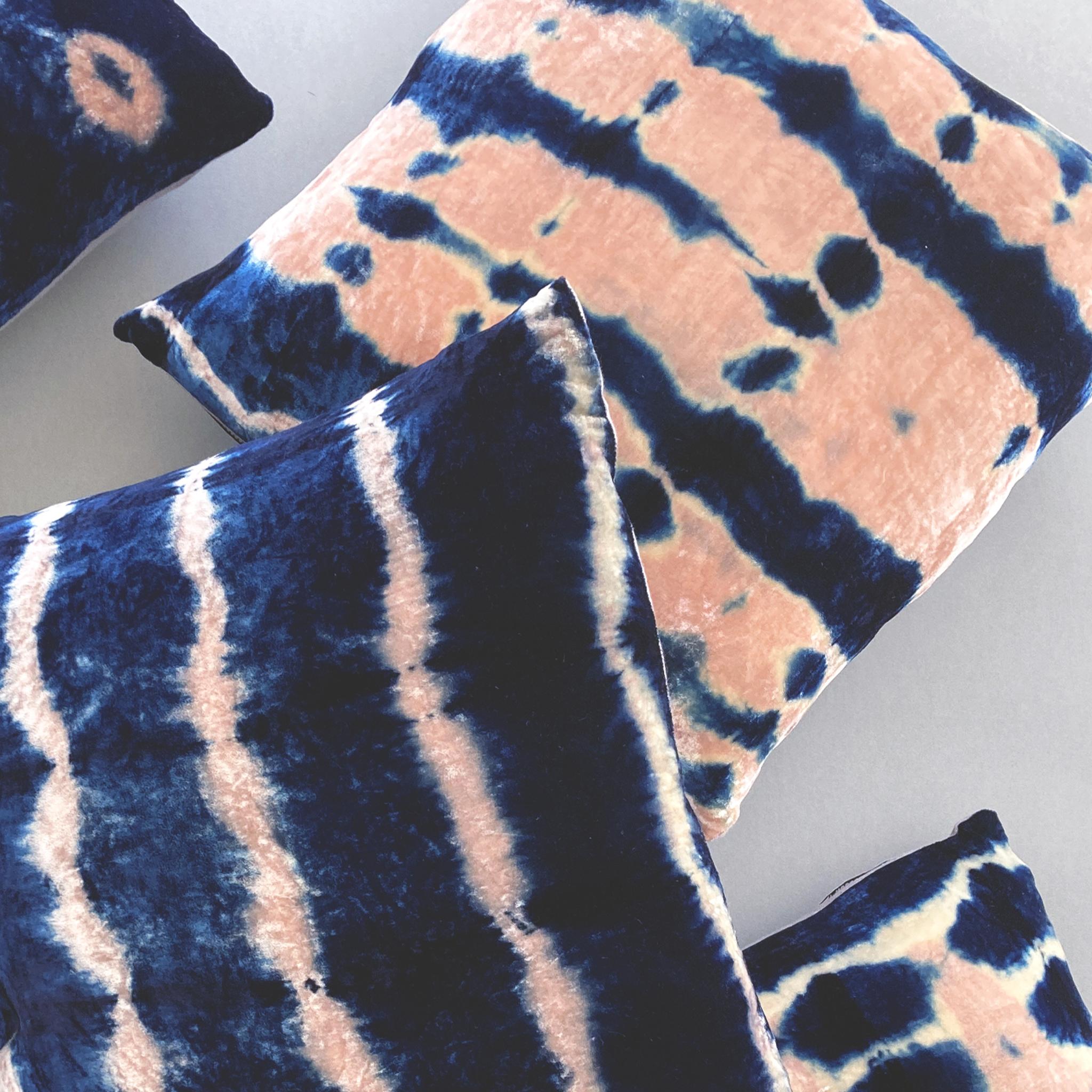Modern Hand Dyed Silk Velvet Pillow, Rose Pink & Indigo Blue Stripe For Sale