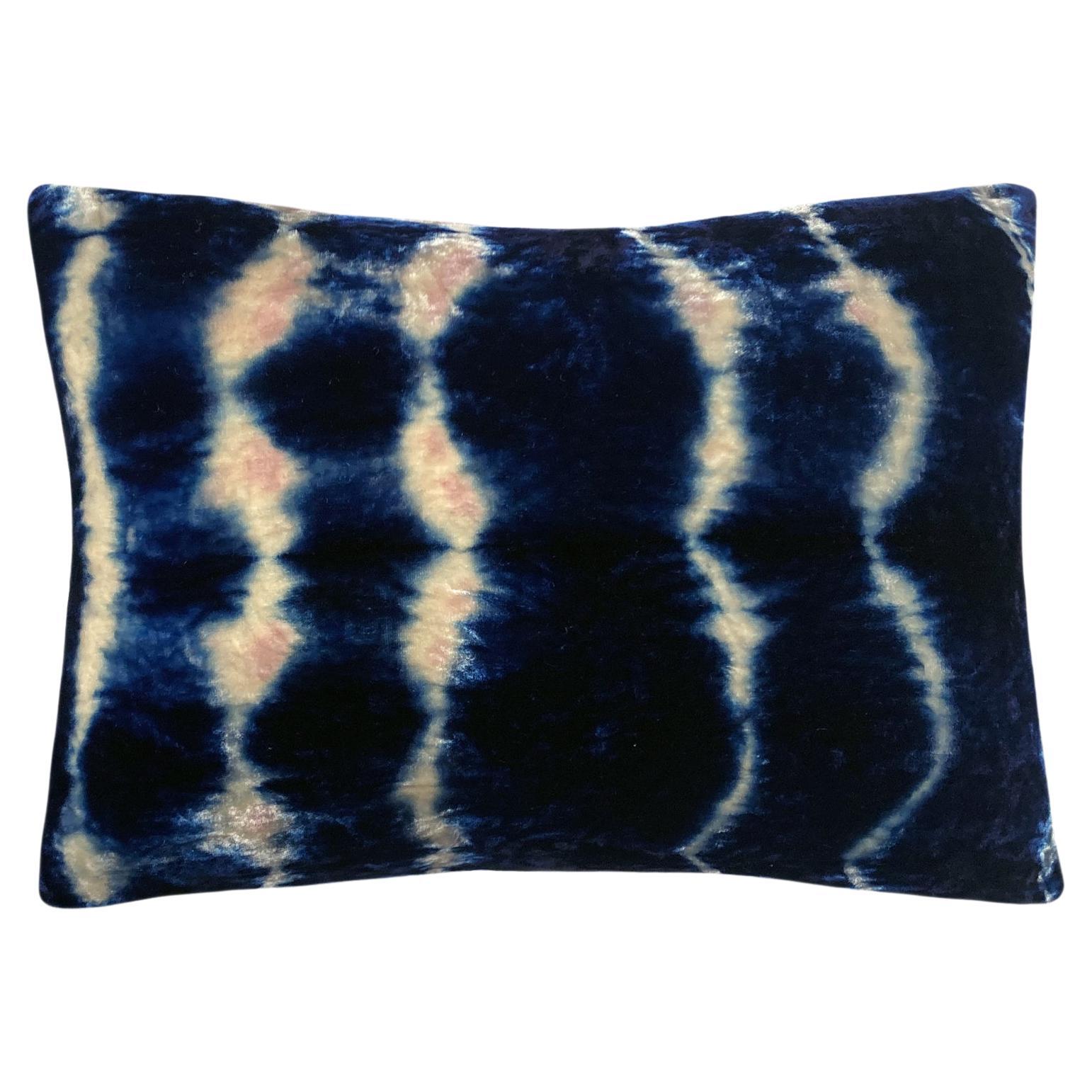Hand Dyed Silk Velvet Pillow, Rose Pink & Indigo Blue Wave Abstract Pattern