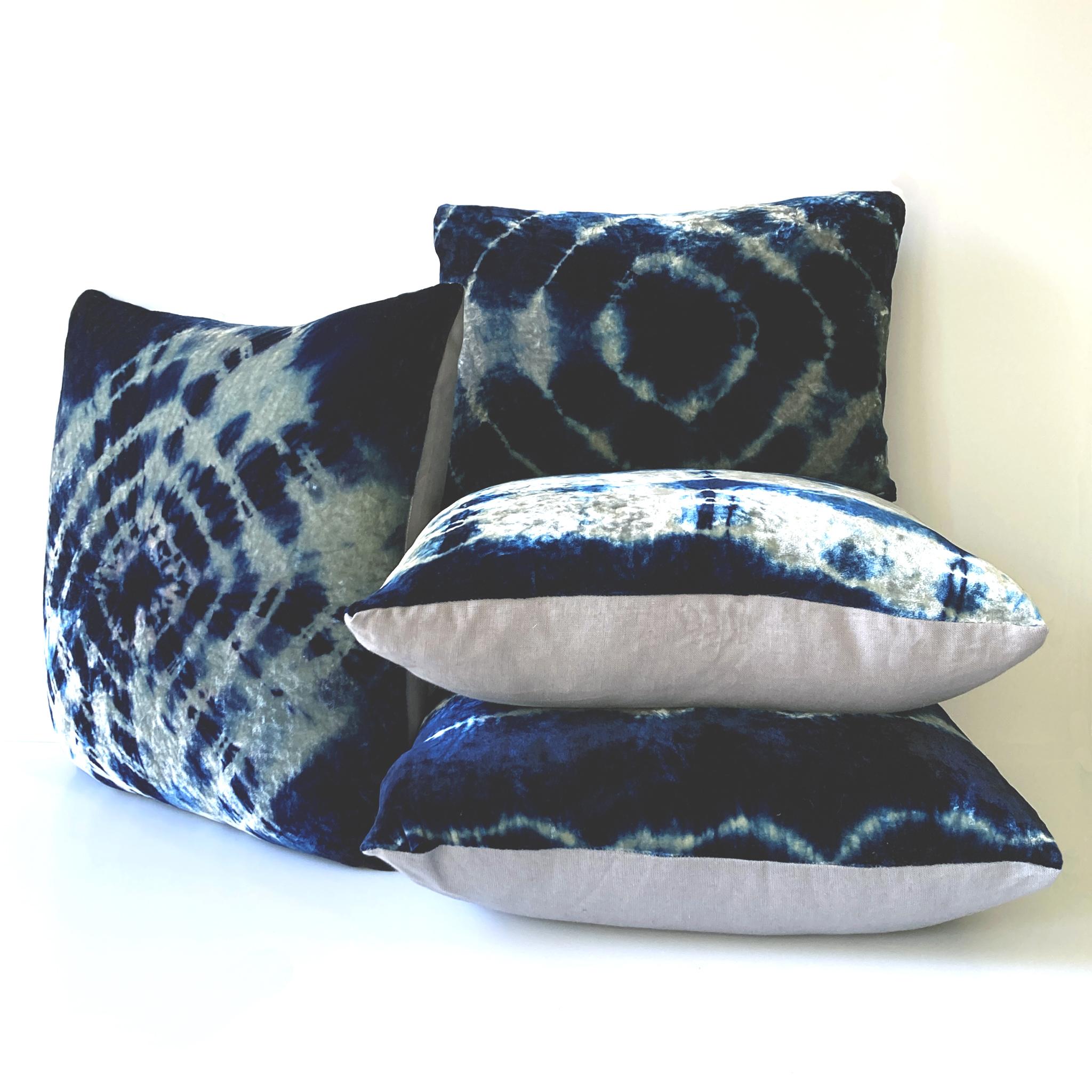 Silver gray velvet pillow dyed with indigo in Halo pattern with gray linen backing. Hand-dyed and sewn in New York City, down pillow insert made locally in NYC. Pillow measures 18 x 18 inches. Each velvet pillow is hand made and one of a