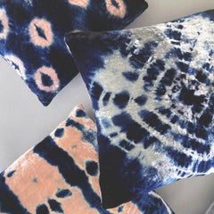 Hand Dyed Silk Velvet Pillow, Silver Gray & Indigo Blue Halo Abstract Pattern