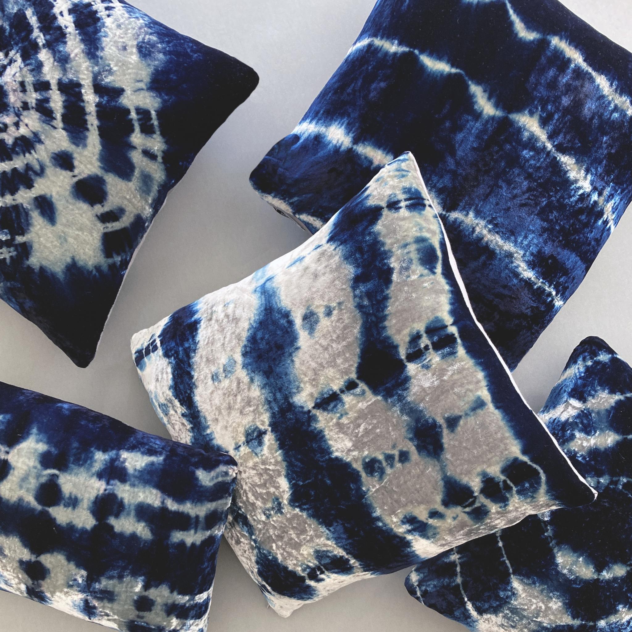 Modern Hand Dyed Silk Velvet Pillow, Silver Gray & Indigo Blue Inkblot For Sale