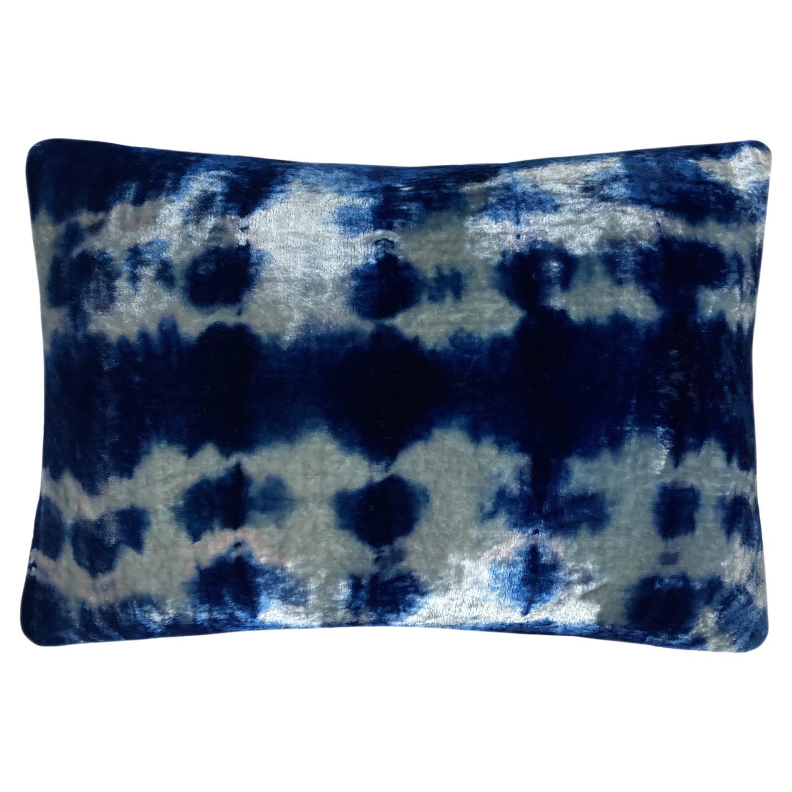 Hand Dyed Silk Velvet Pillow, Silver Gray & Indigo Blue Inkblot Abstract Pattern