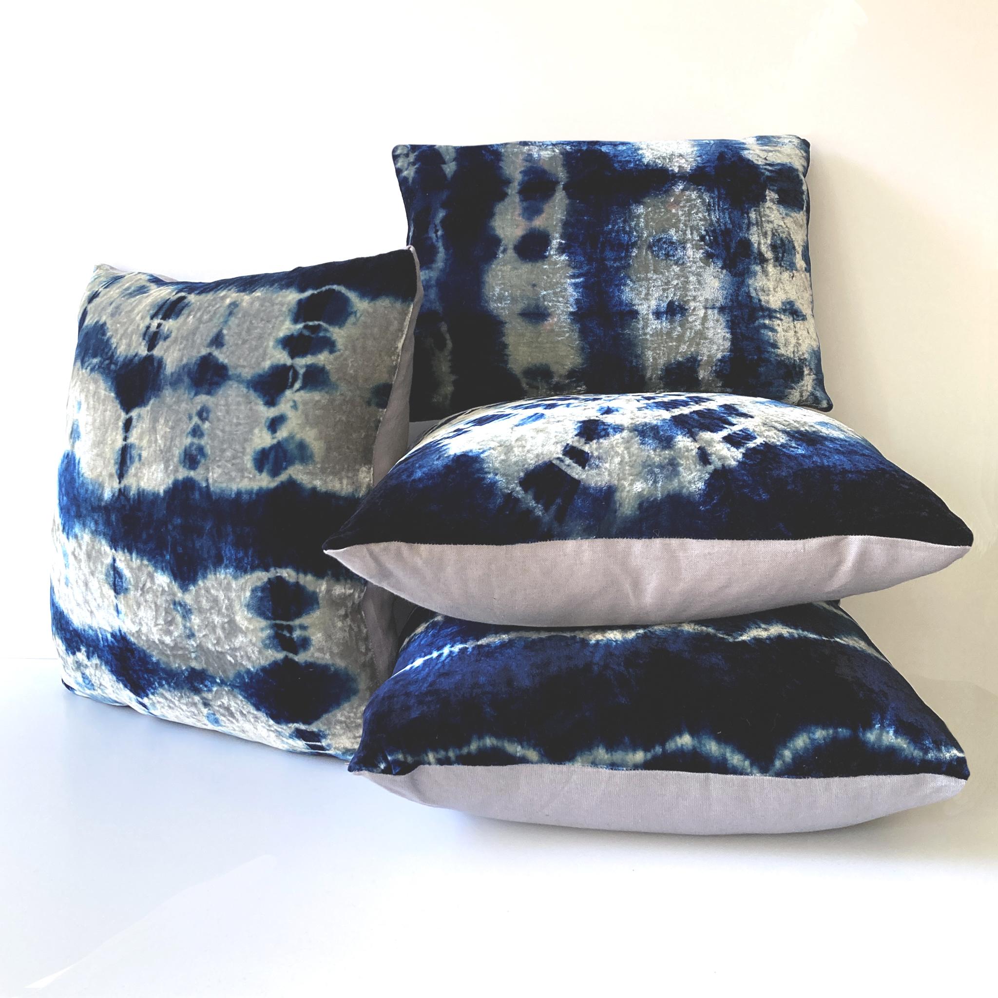 Silver velvet pillow dyed with indigo in Morse pattern with gray linen backing. Hand-dyed and sewn in New York City, down pillow insert made locally in NYC. Pillow measures 12 x 16 inches. Each velvet pillow is hand made and one of a kind.

Custom