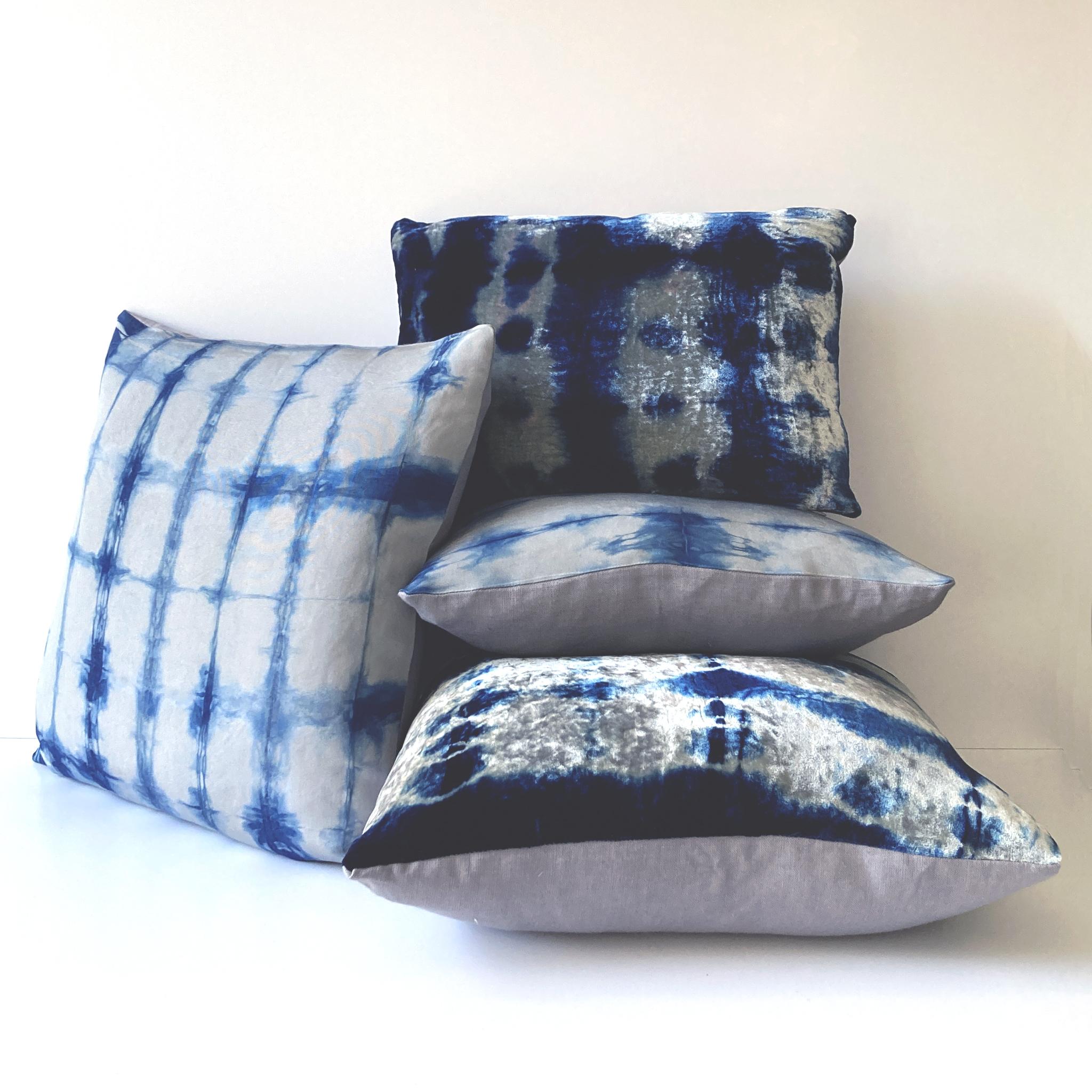 American Hand Dyed Silk Velvet Pillow, Silver Gray & Indigo Blue Morse For Sale
