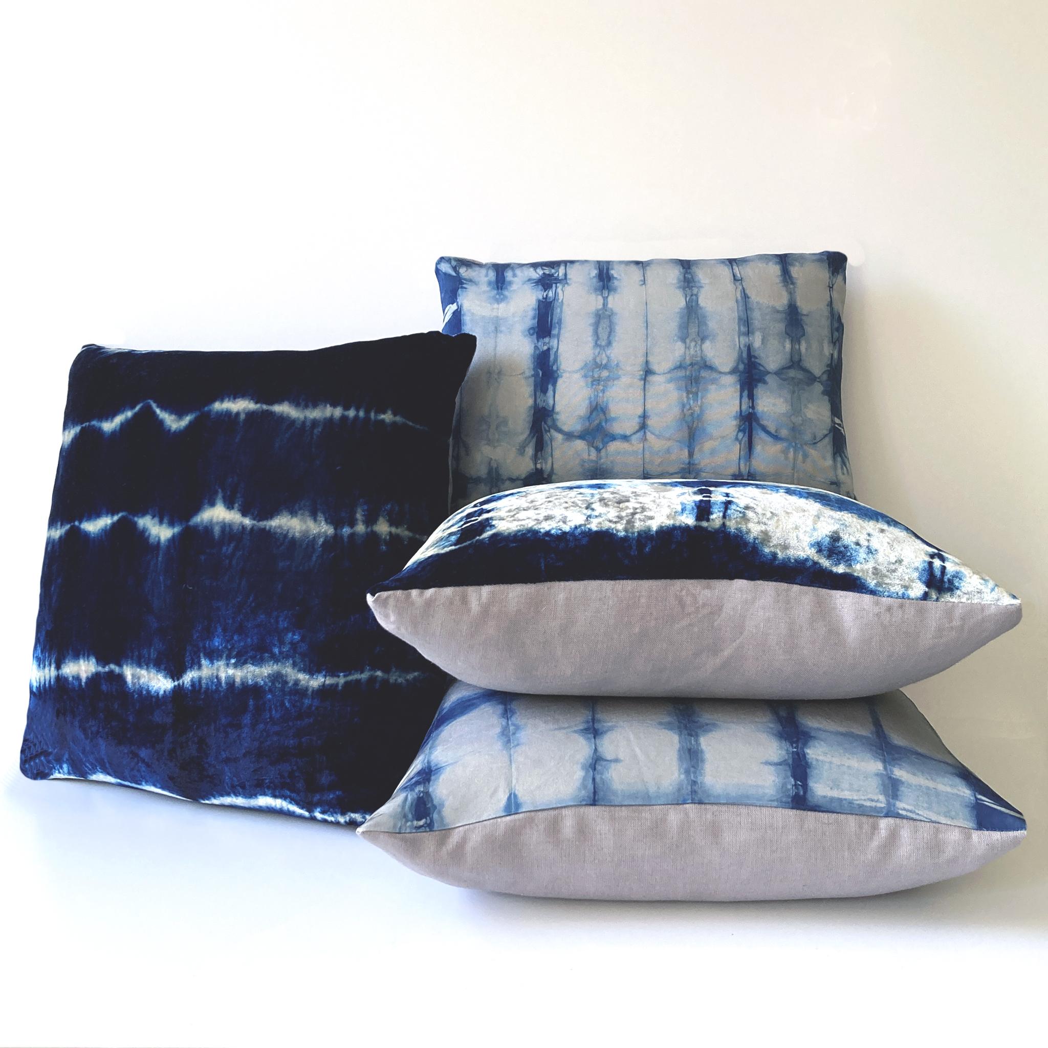 Modern Hand Dyed Silk Velvet Pillow, Silver Gray & Indigo Blue Stripe For Sale