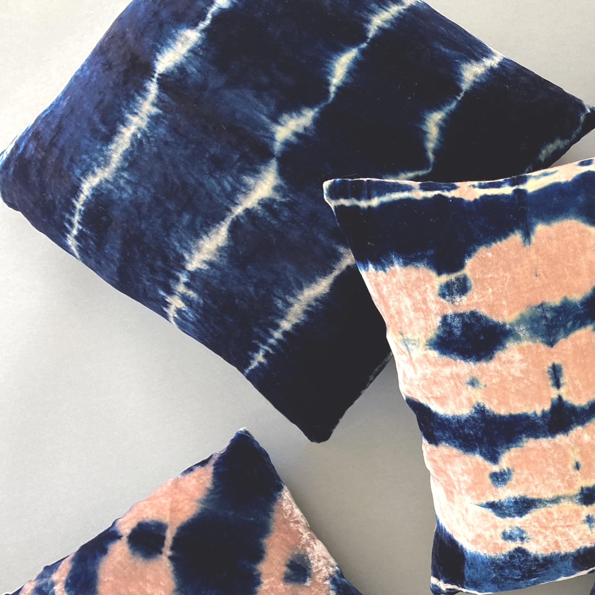 American Hand Dyed Silk Velvet Pillow, Silver Gray & Indigo Blue Stripe For Sale