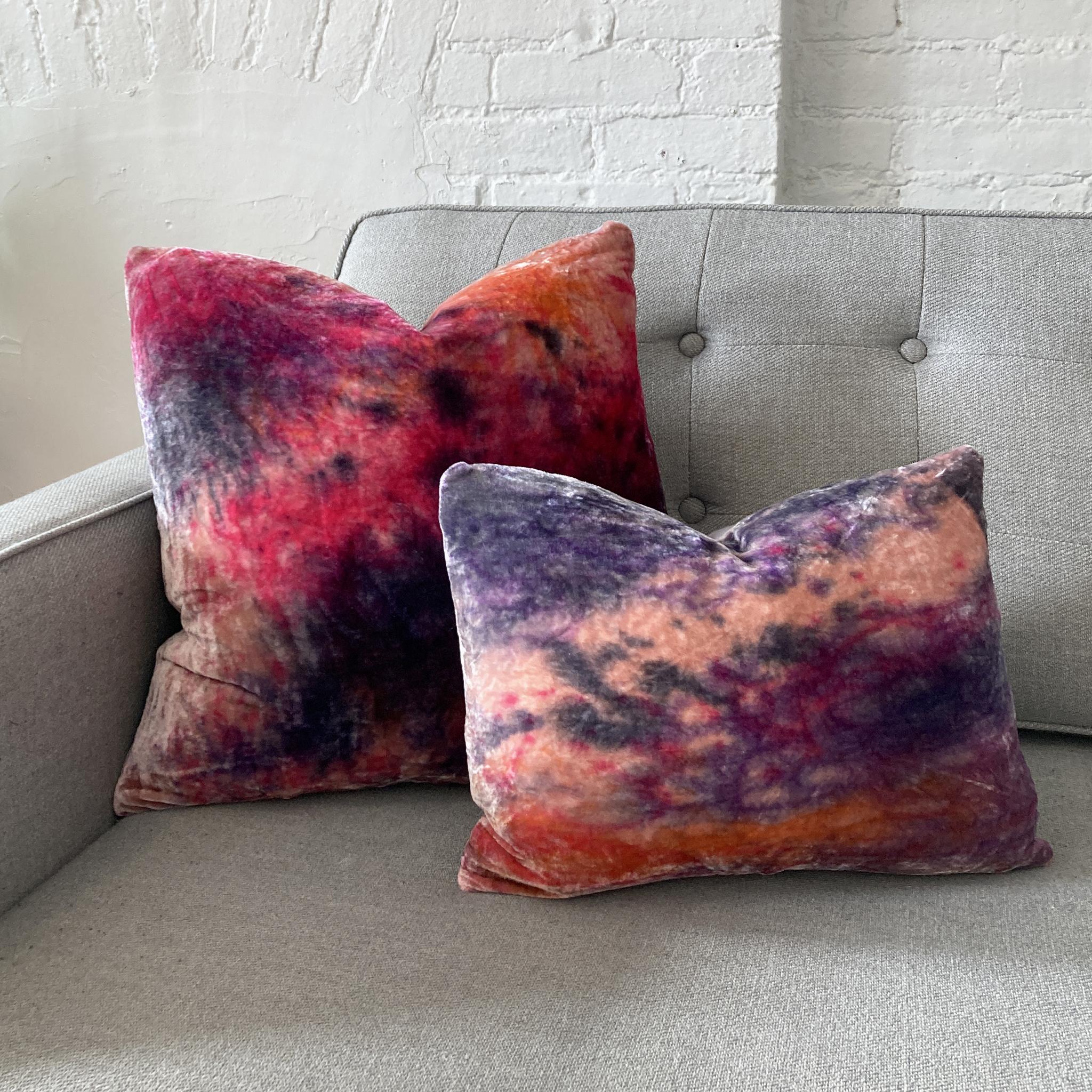 Rose velvet pillow dyed with magenta, orange and navy in an abstract pattern with gray linen backing. Hand-painted and sewn in New York City, down pillow insert made locally in NYC. Pillow measures 18 x 18 inches. Each velvet pillow is handmade and