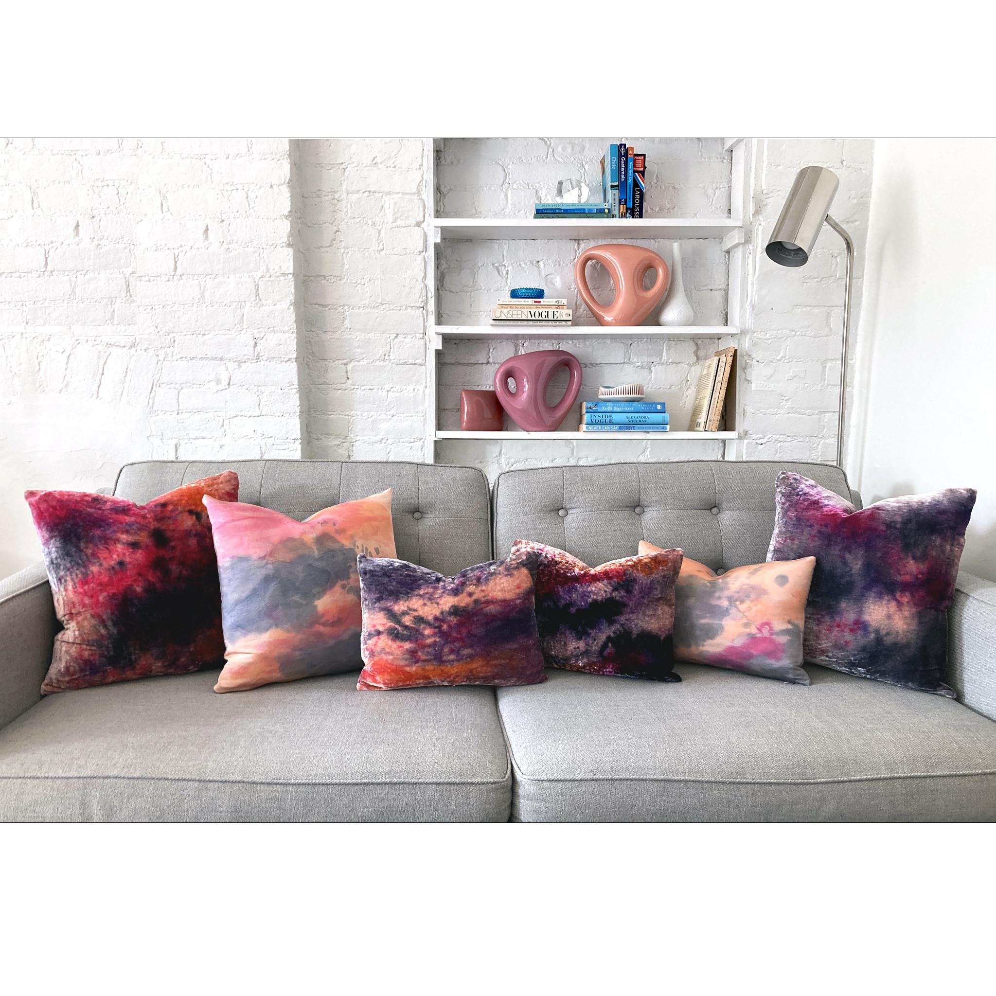 Modern Hand Painted Silk Velvet Pillow, Abstract No.1, Pink Orange & Navy 