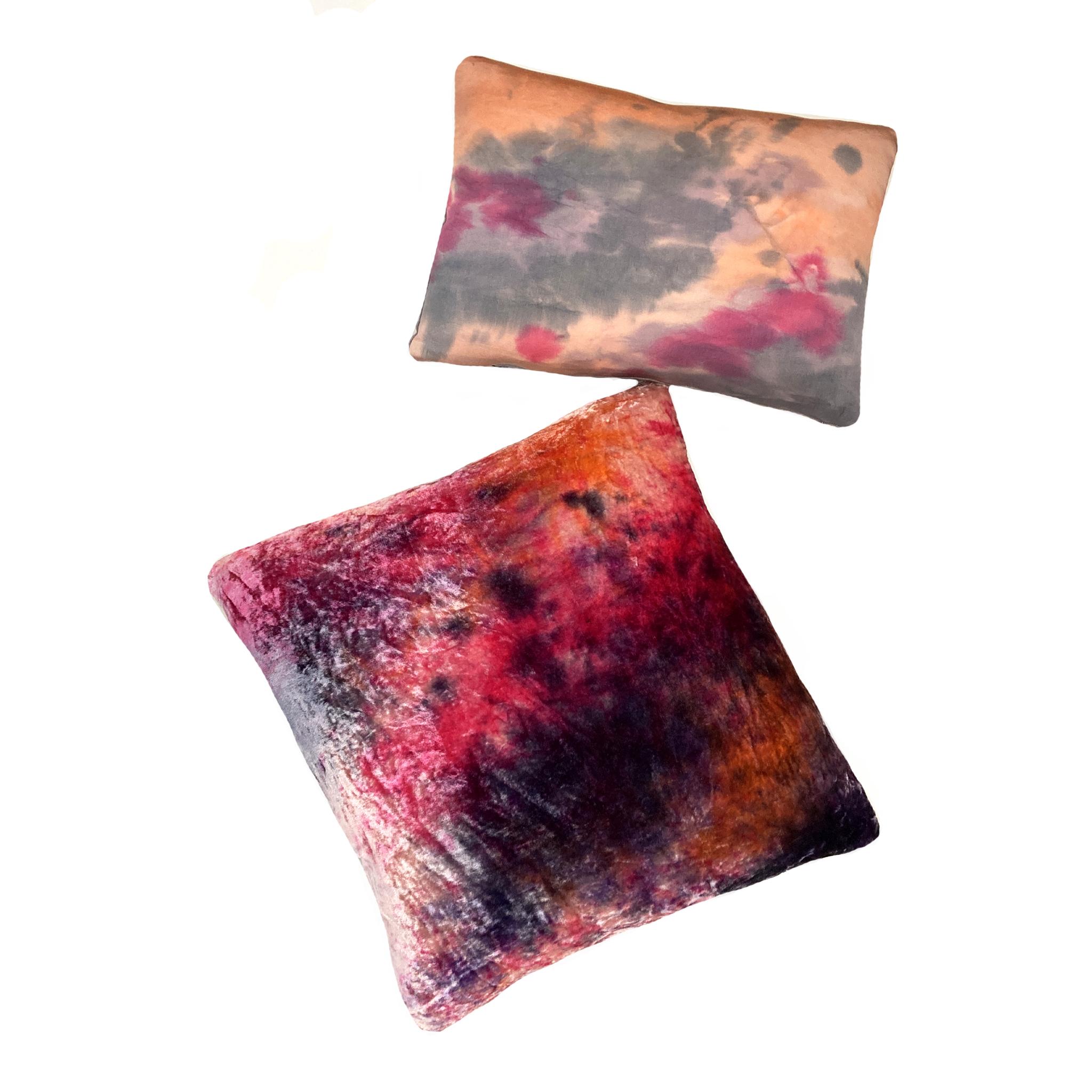 American Hand Painted Silk Velvet Pillow, Abstract No.1, Pink Orange & Navy 