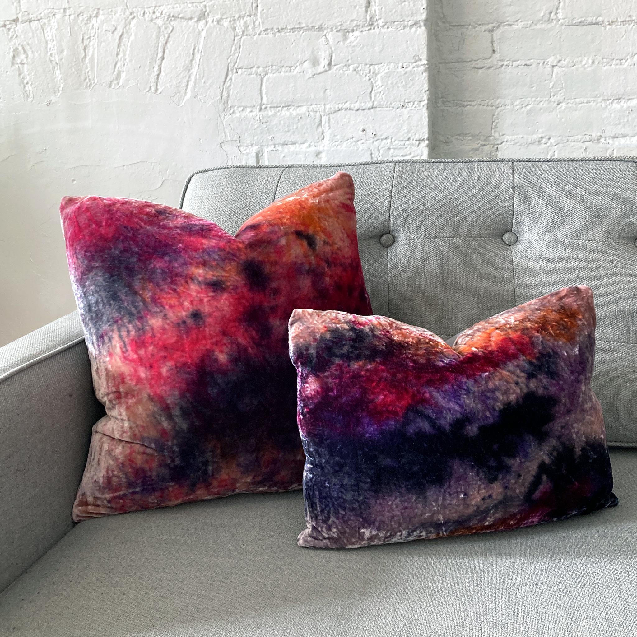 Dyed Hand Painted Silk Velvet Pillow, Abstract No.1, Pink Orange & Navy 