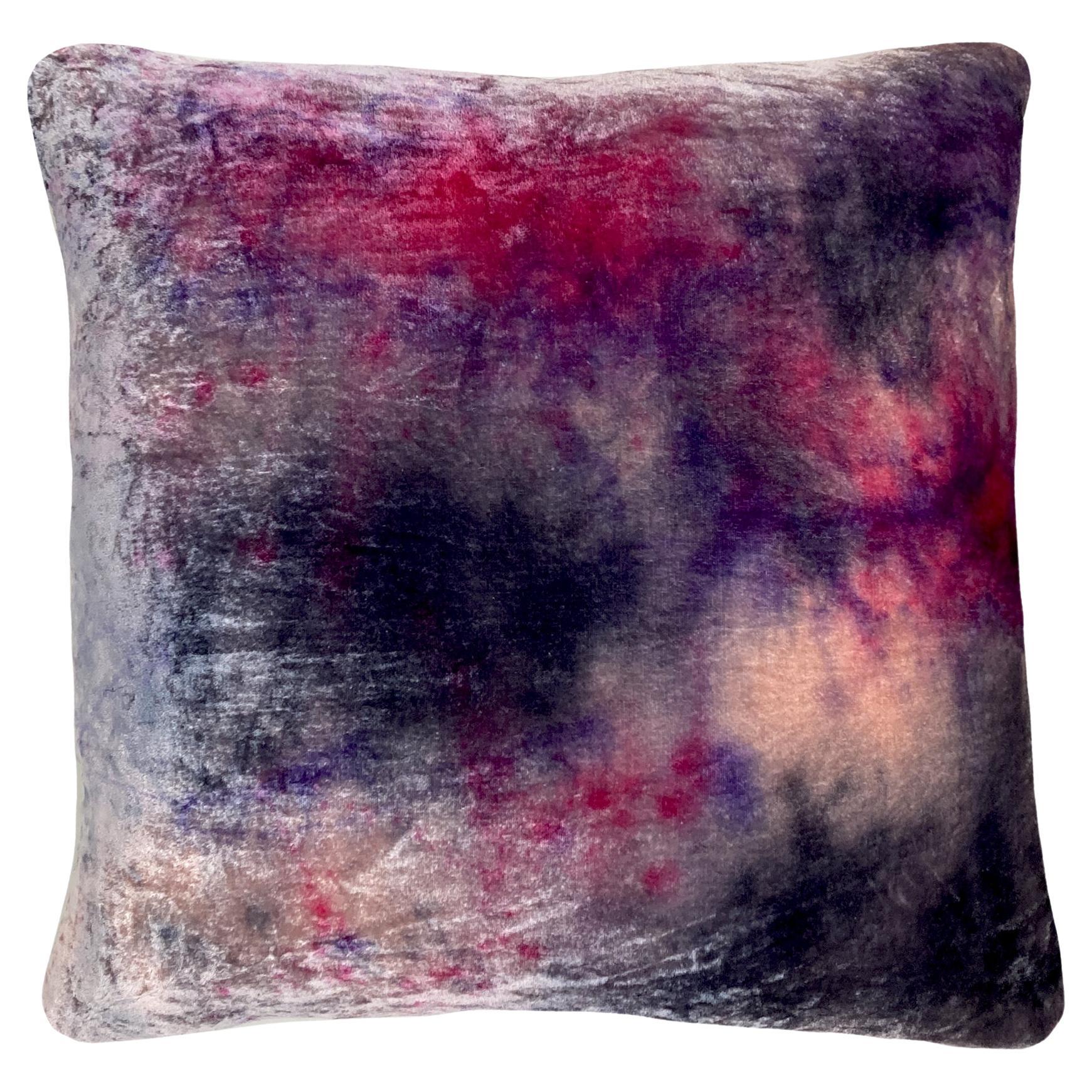 Hand Painted Silk Velvet Pillow, Abstract No.2, Pink Lilac & Navy  For Sale