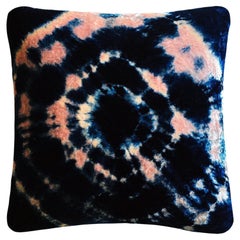 Hand-Dyed Velvet Throw Pillow in Rose Pink & Indigo Blue Halo Pattern