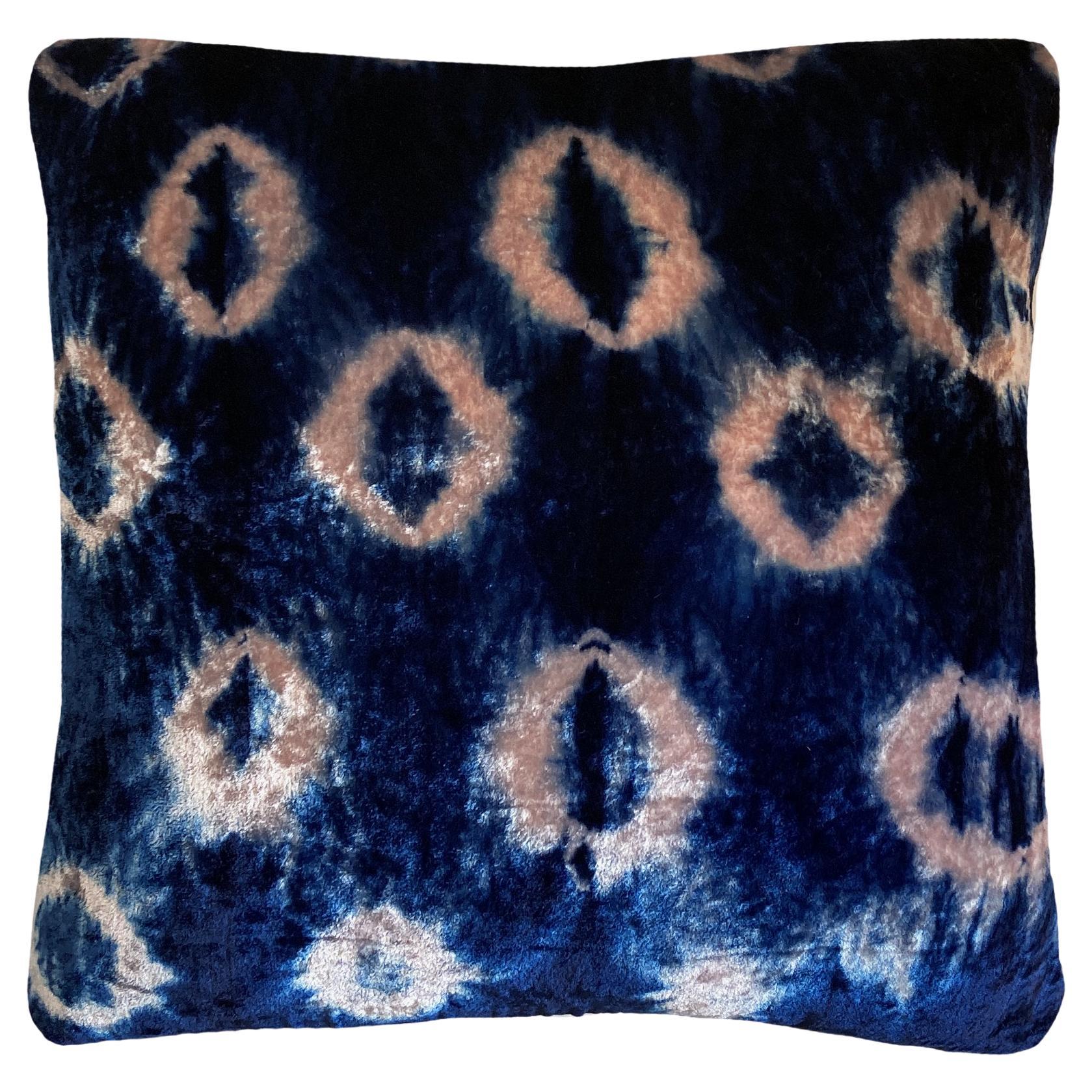 Hand Dyed Silk Velvet Pillow, Rose Pink & Indigo Blue Ikat For Sale