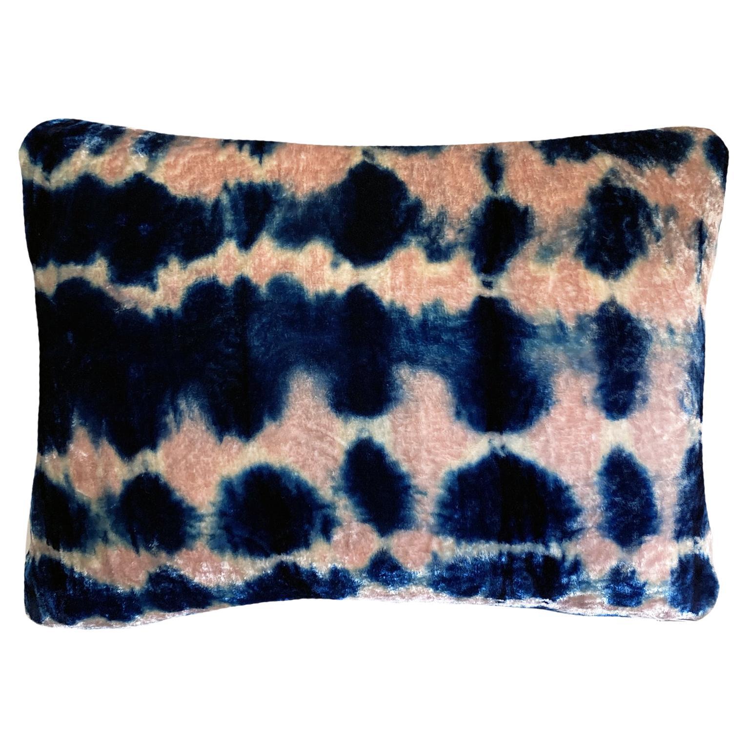 Hand Dyed Silk Velvet Pillow, Rose Pink & Indigo Blue Inkblot For Sale