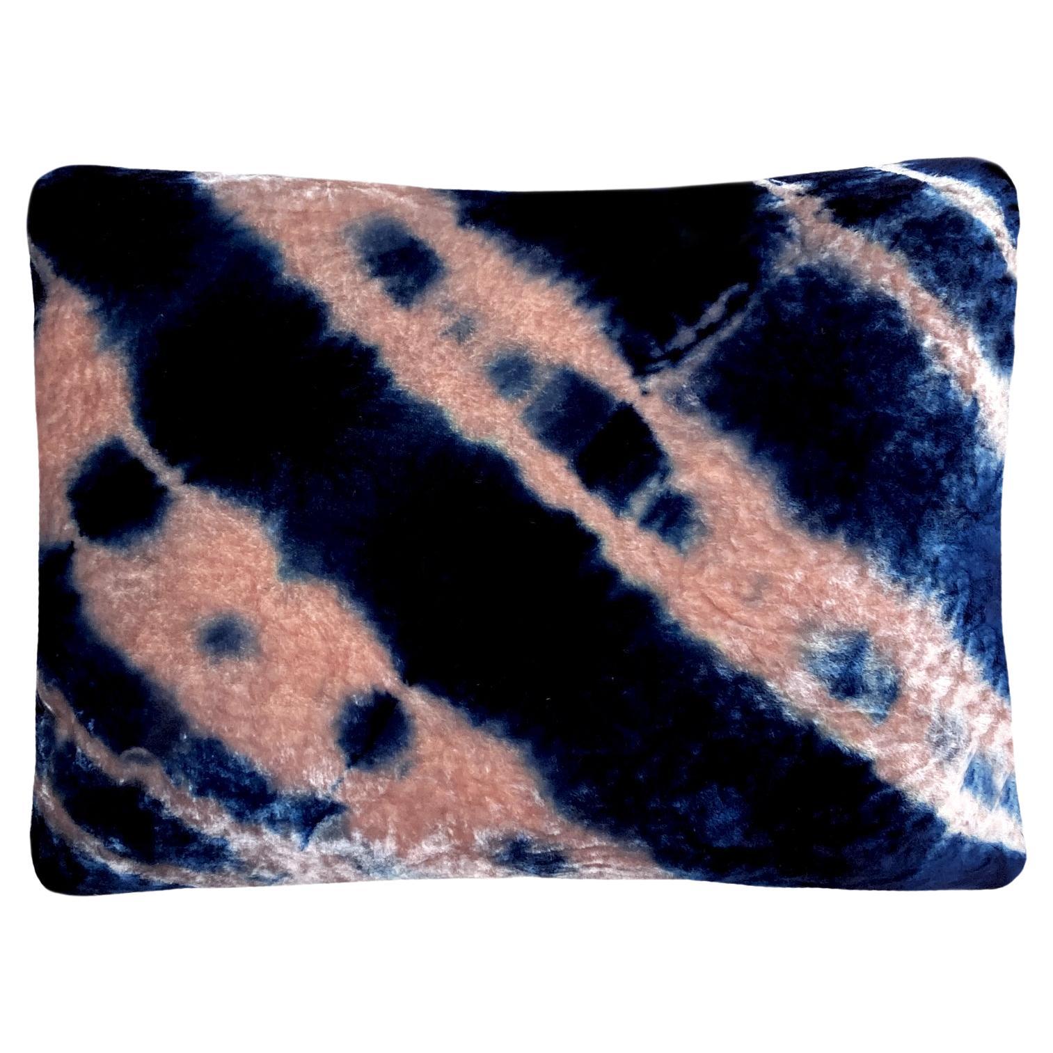 Hand Dyed Silk Velvet Pillow, Rose Pink & Indigo Blue Oblique Pattern For Sale