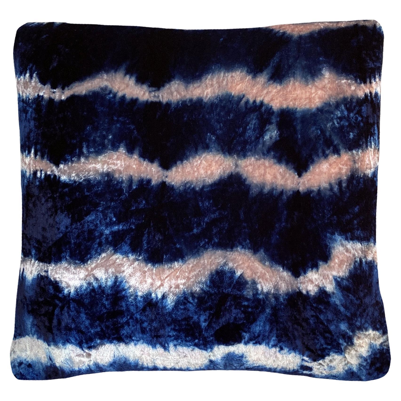 Hand Dyed Silk Velvet Pillow, Rose Pink & Indigo Blue Stripe For Sale