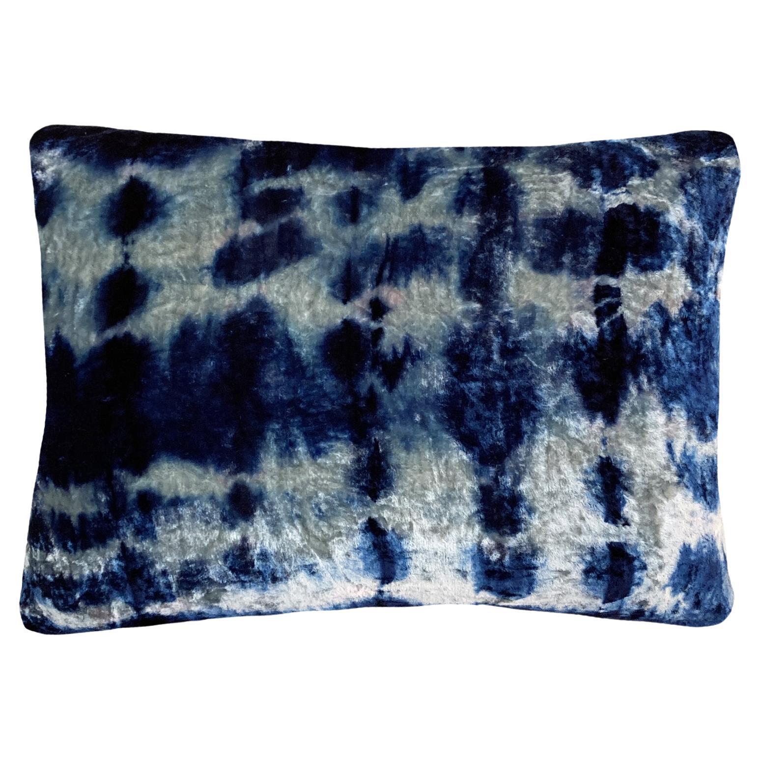 Handdyed Velvet Throw Pillow in Silver Grey and Indigo Blue Pleat