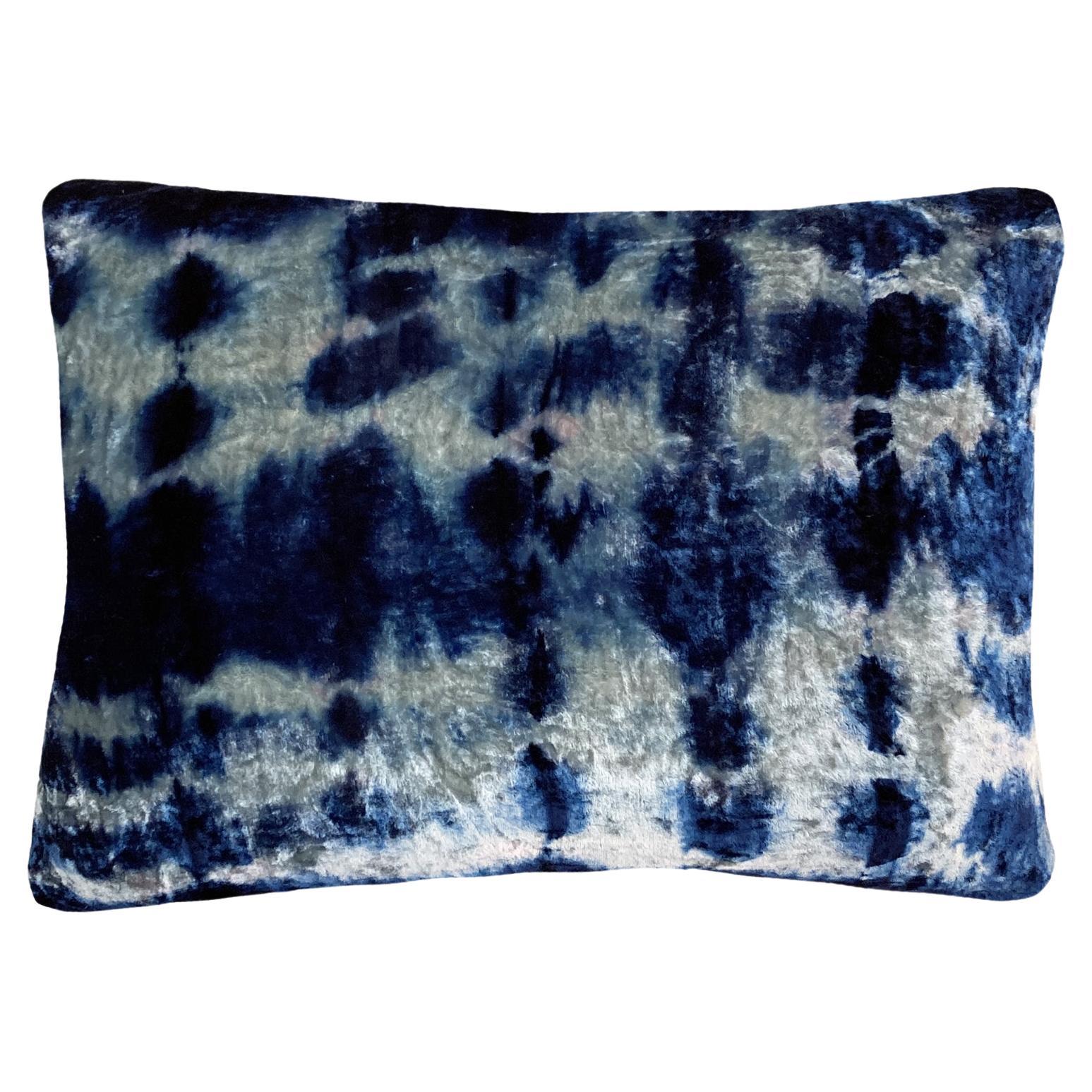 Hand Dyed Silk Velvet Pillow, Silver Gray & Indigo Blue Inkblot