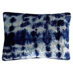 Hand-dyed Velvet Throw Pillow in Silver Grey & Indigo Blue Inkblot Pattern