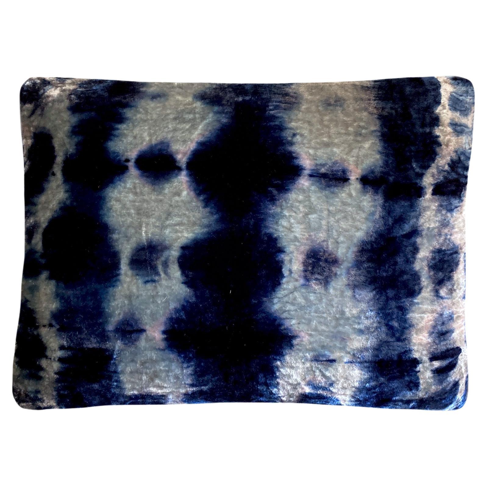 Hand Dyed Silk Velvet Pillow, Silver Gray & Indigo Blue Morse For Sale