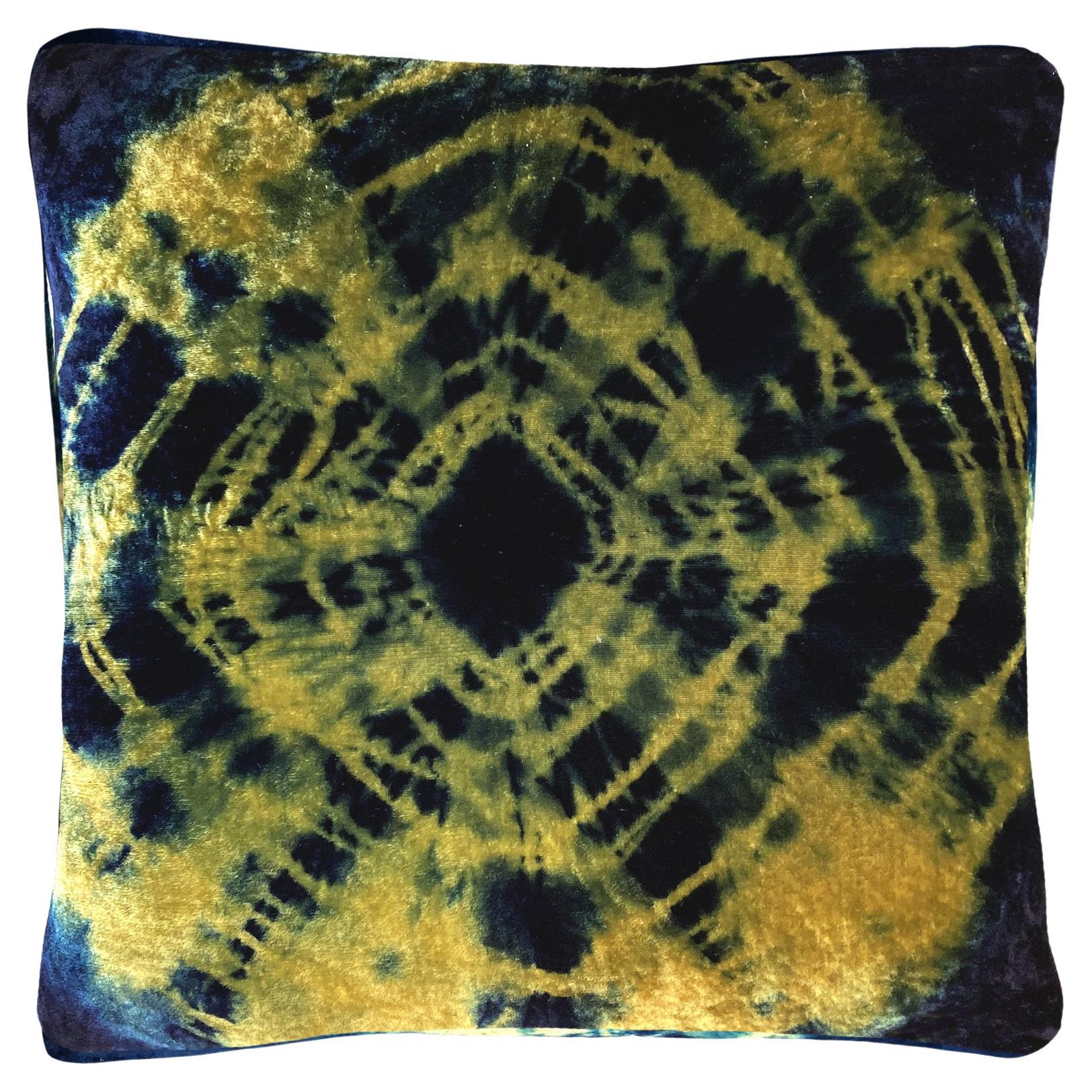 Hand Dyed Silk Velvet Pillow, Gold Yellow & Indigo Blue Halo For Sale
