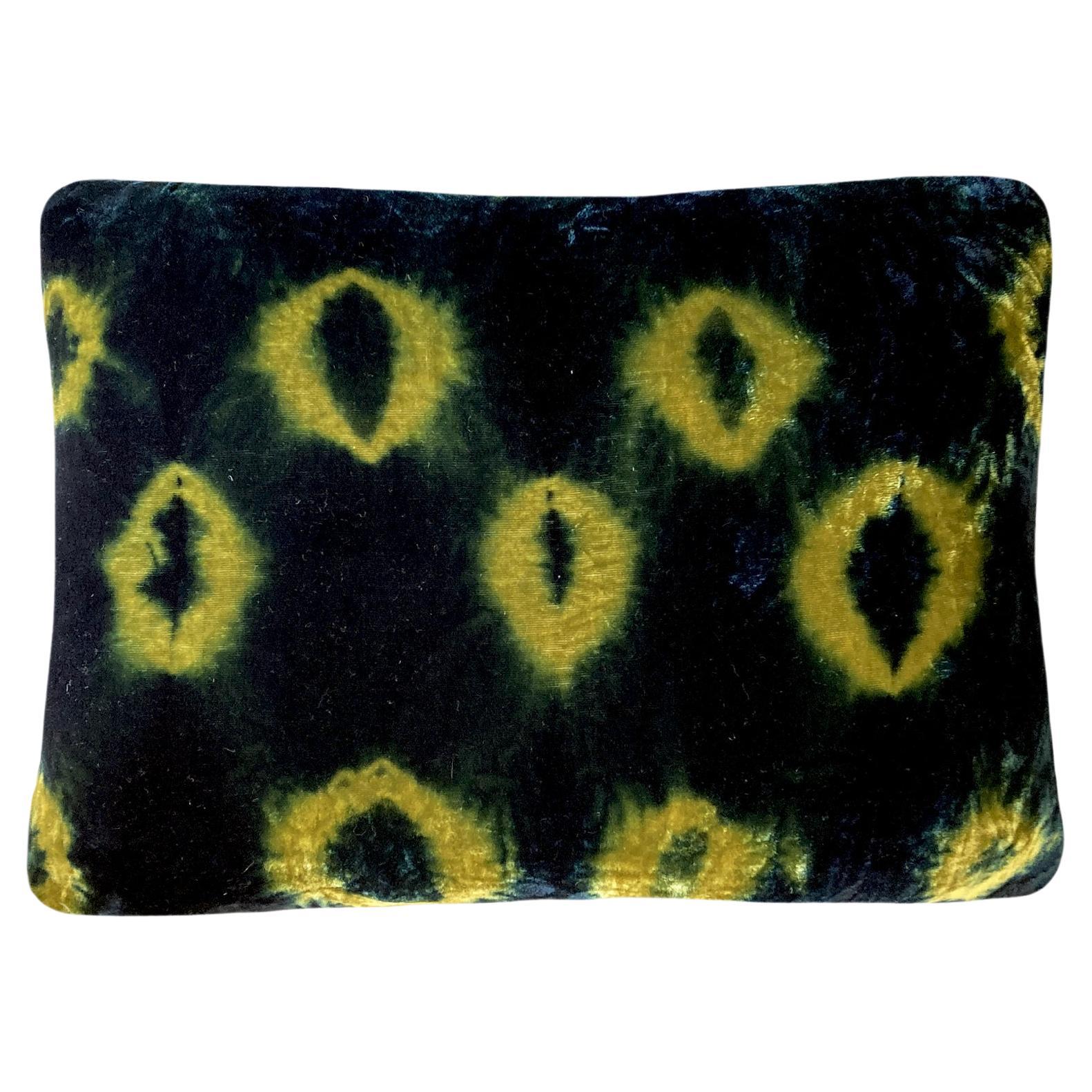 Hand Dyed Silk Velvet Pillow, Gold & Indigo Blue Ikat For Sale
