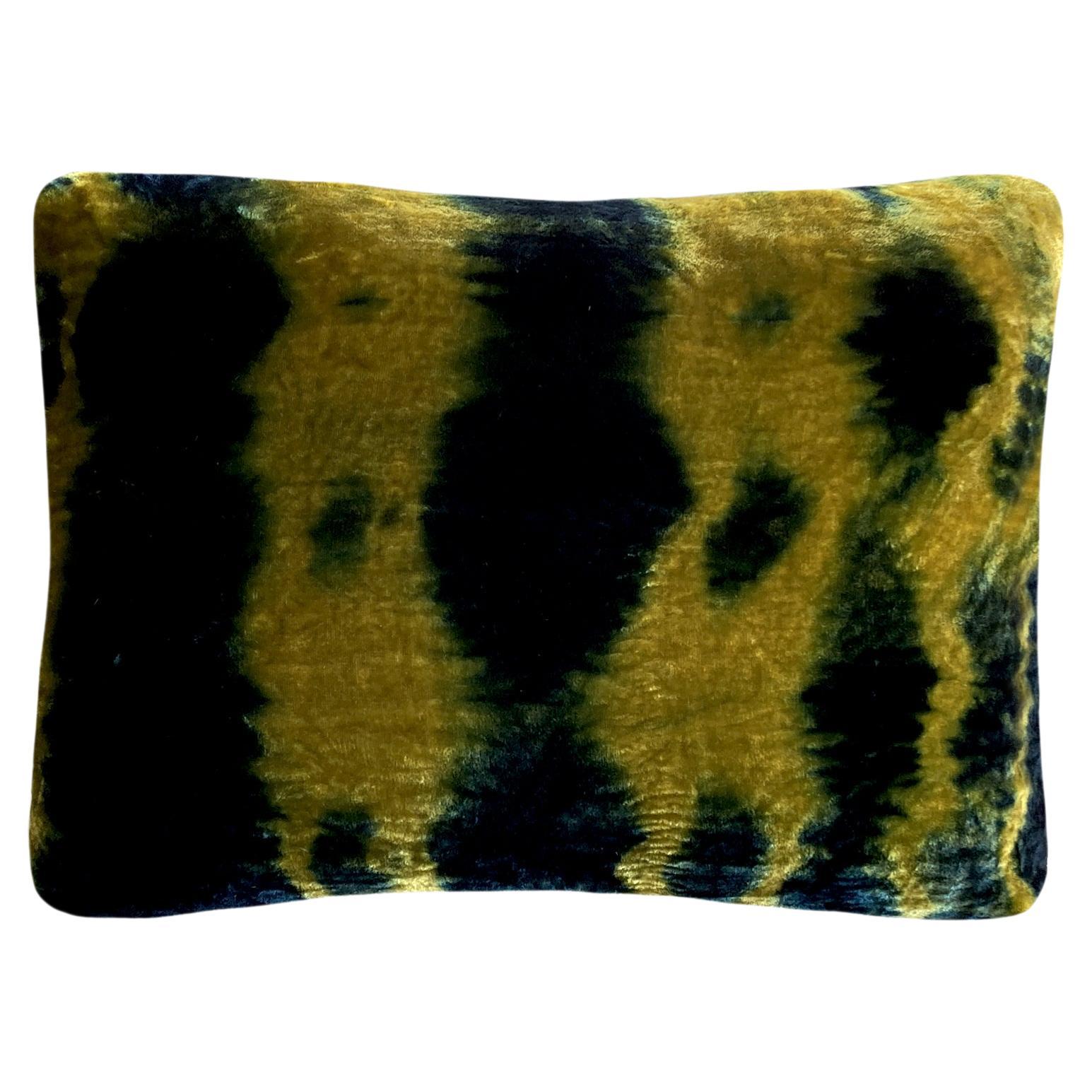 Hand Dyed Silk Velvet Pillow, Gold & Indigo Blue Morse For Sale
