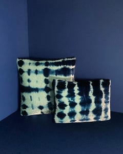 Hand-dyed Velvet Throw Pillow Jade Green & Indigo Blue Ripple Abstract Pattern