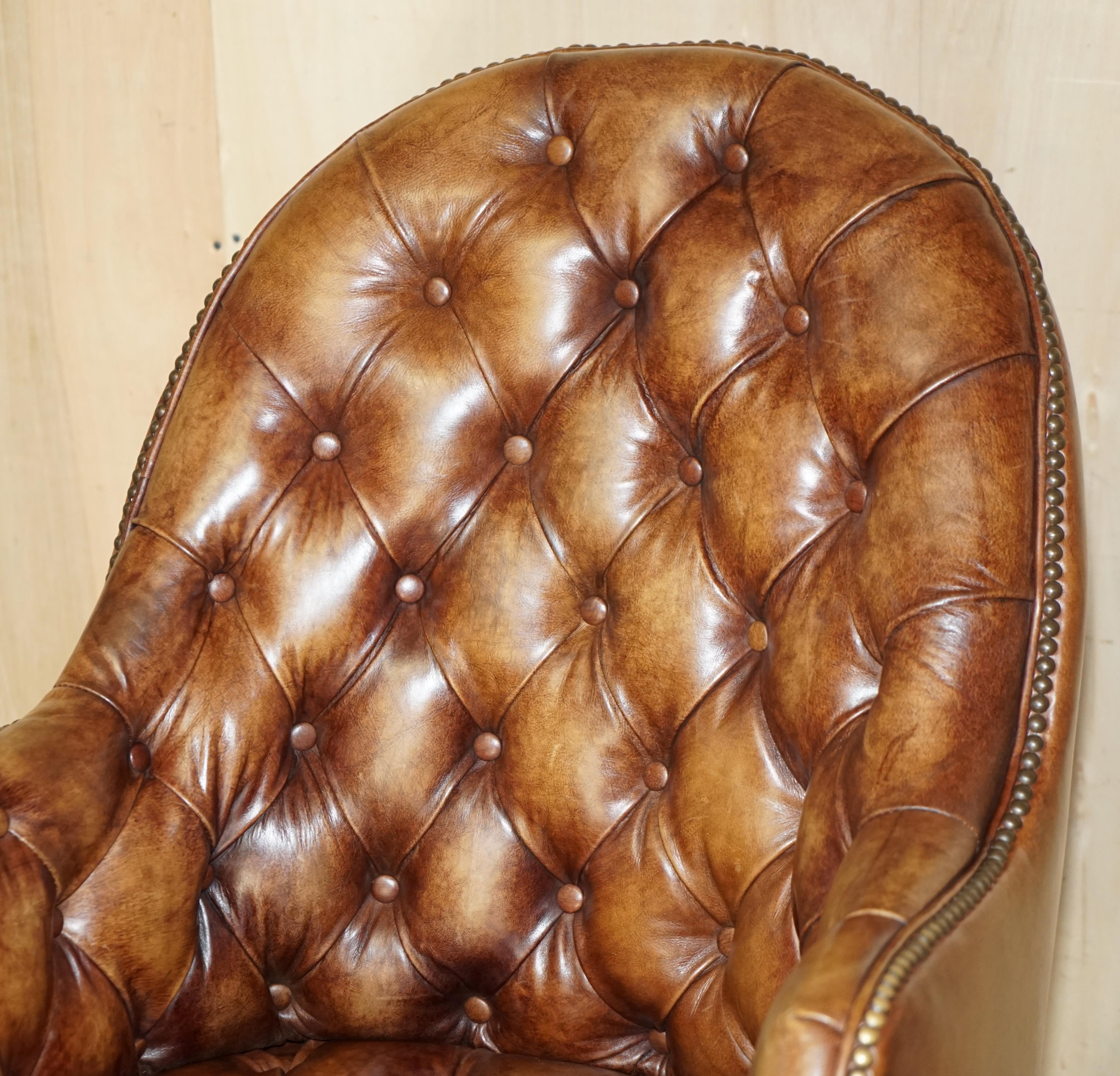 Chesterfield HAND DYED VINTAGE AGED BROWN LEATHER CHESTERFIELD CAPTAINS SWIVEL OFFICE CHAIr For Sale