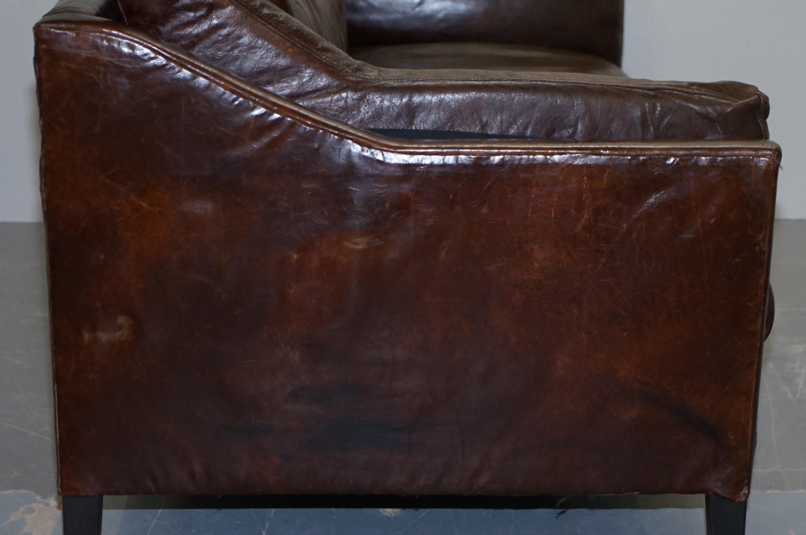 Hand Dyed Vintage Brown Leather Large Designer Contempory Sofa Very Comfortable For Sale 9