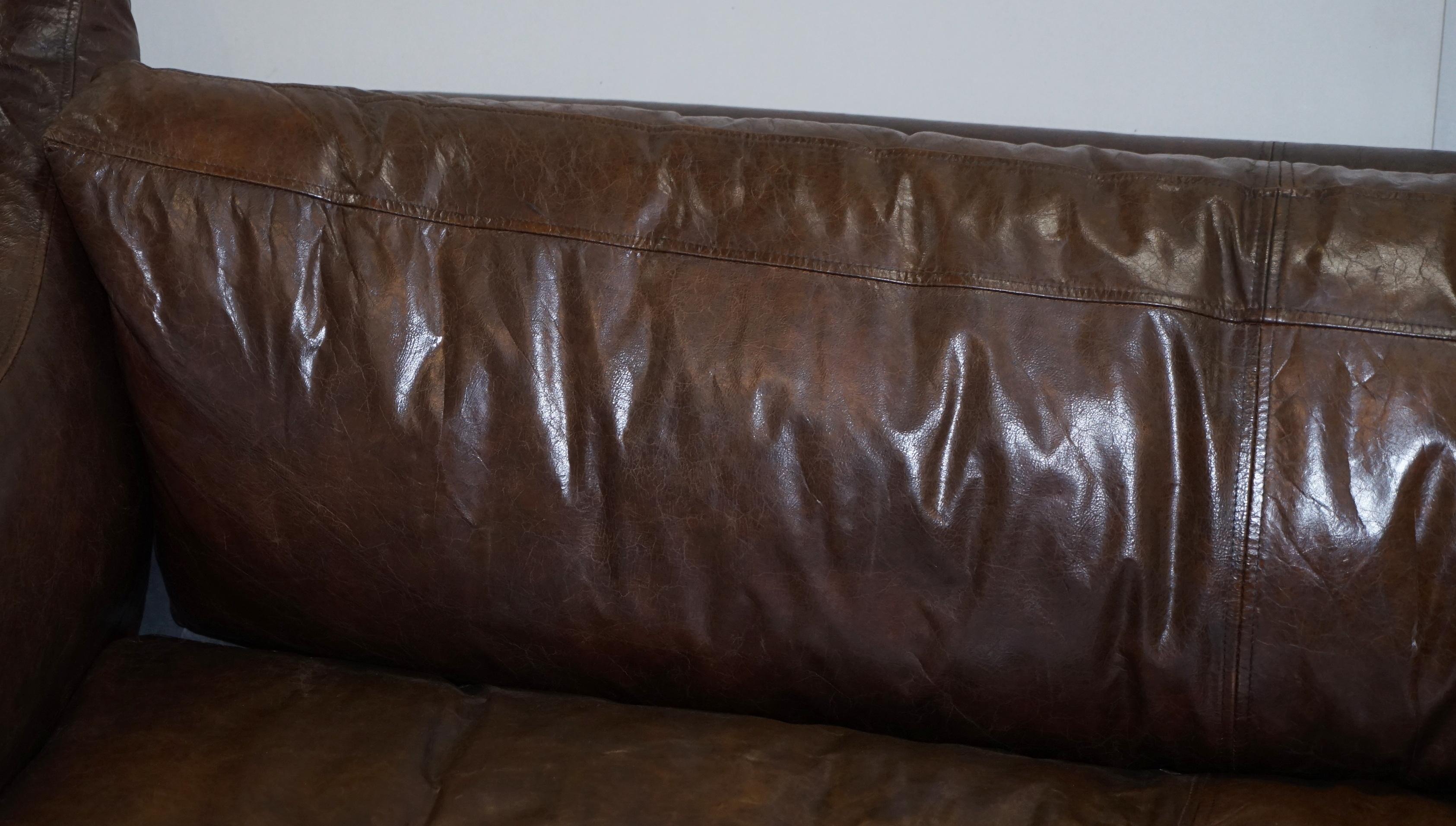 English Hand Dyed Vintage Brown Leather Large Designer Contempory Sofa Very Comfortable For Sale