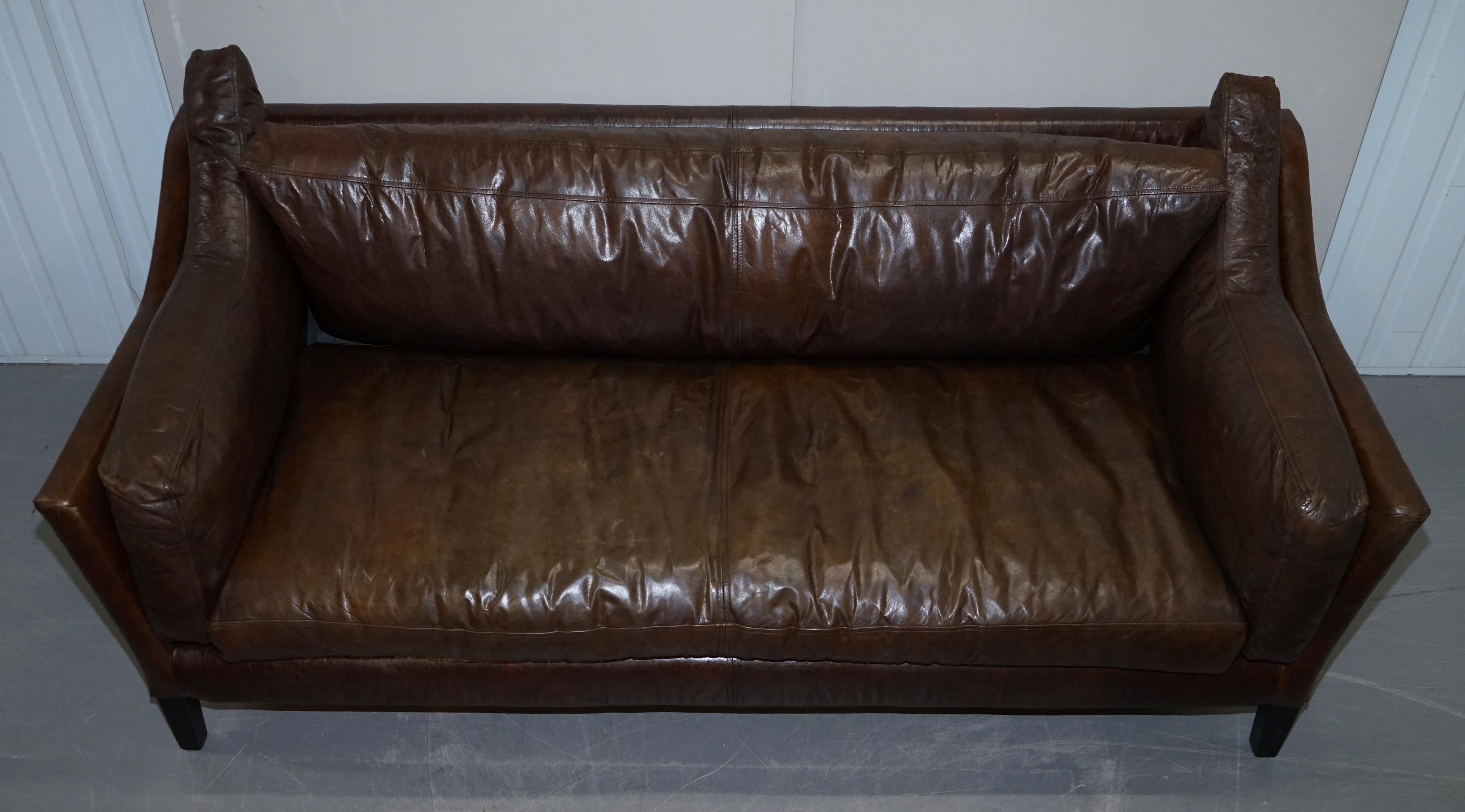 Hand-Crafted Hand Dyed Vintage Brown Leather Large Designer Contempory Sofa Very Comfortable For Sale