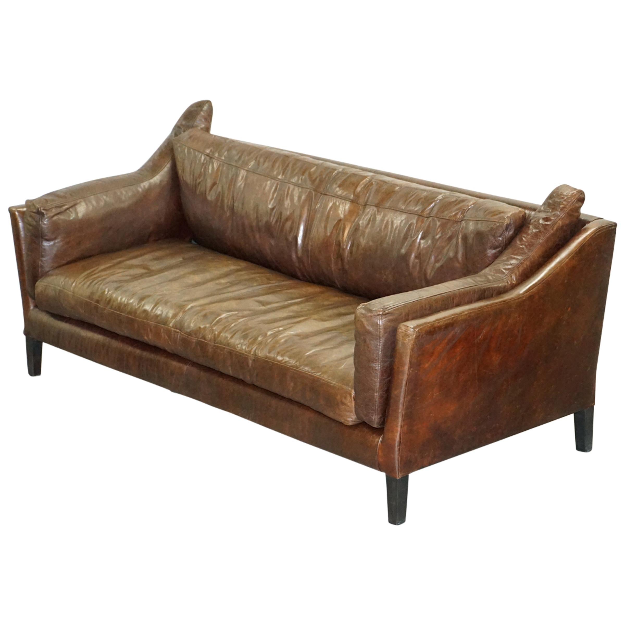 Hand Dyed Vintage Brown Leather Large Designer Contempory Sofa Very Comfortable For Sale