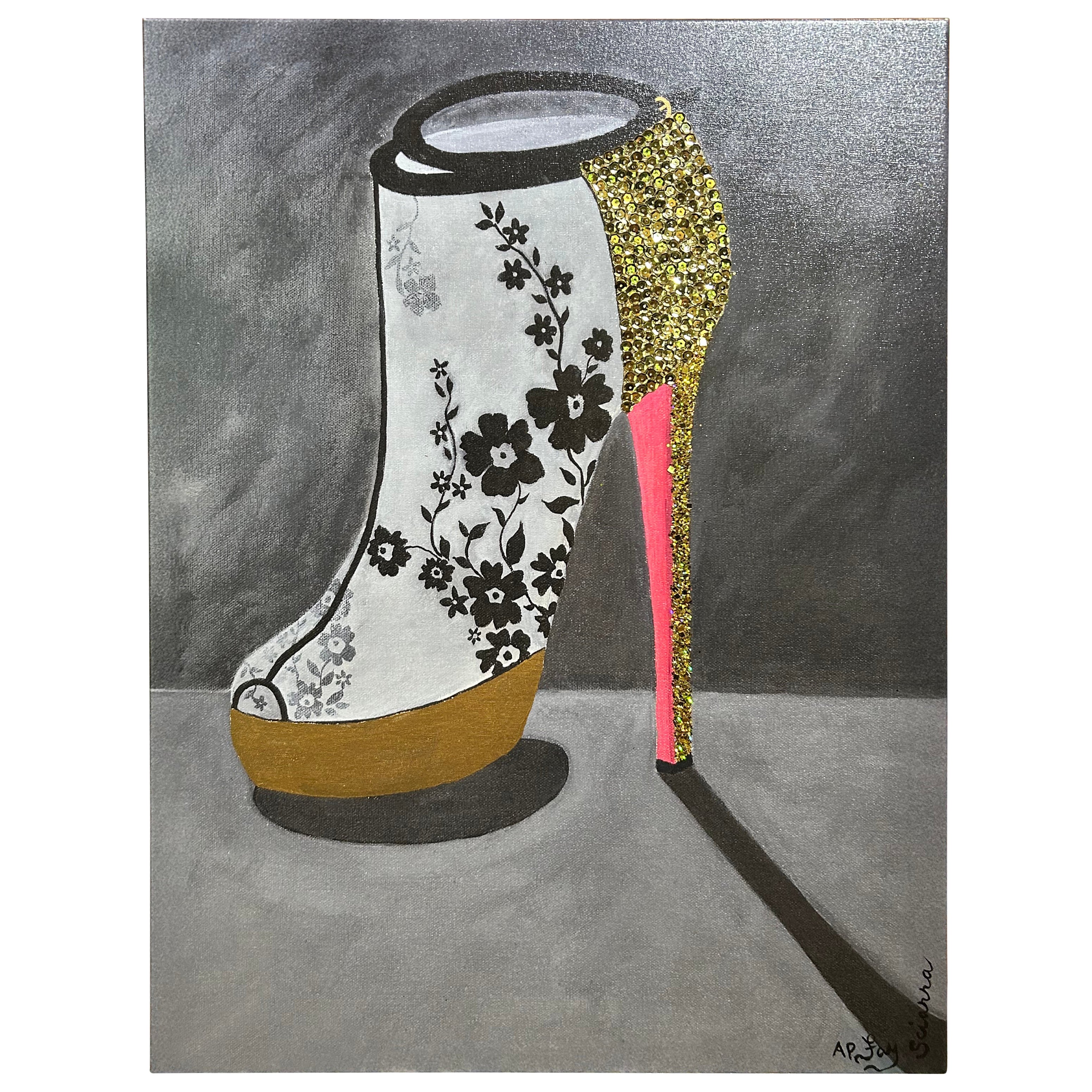 Giclée in edizione limitata, decorata a mano, raffigurante una scarpa di Christian Laboutin in vendita